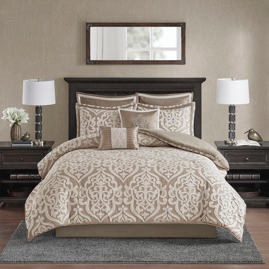 Olliix.com Comforters & Blankets - Odette 8 Piece 26 " W Jacquard Comforter Set Tan Queen