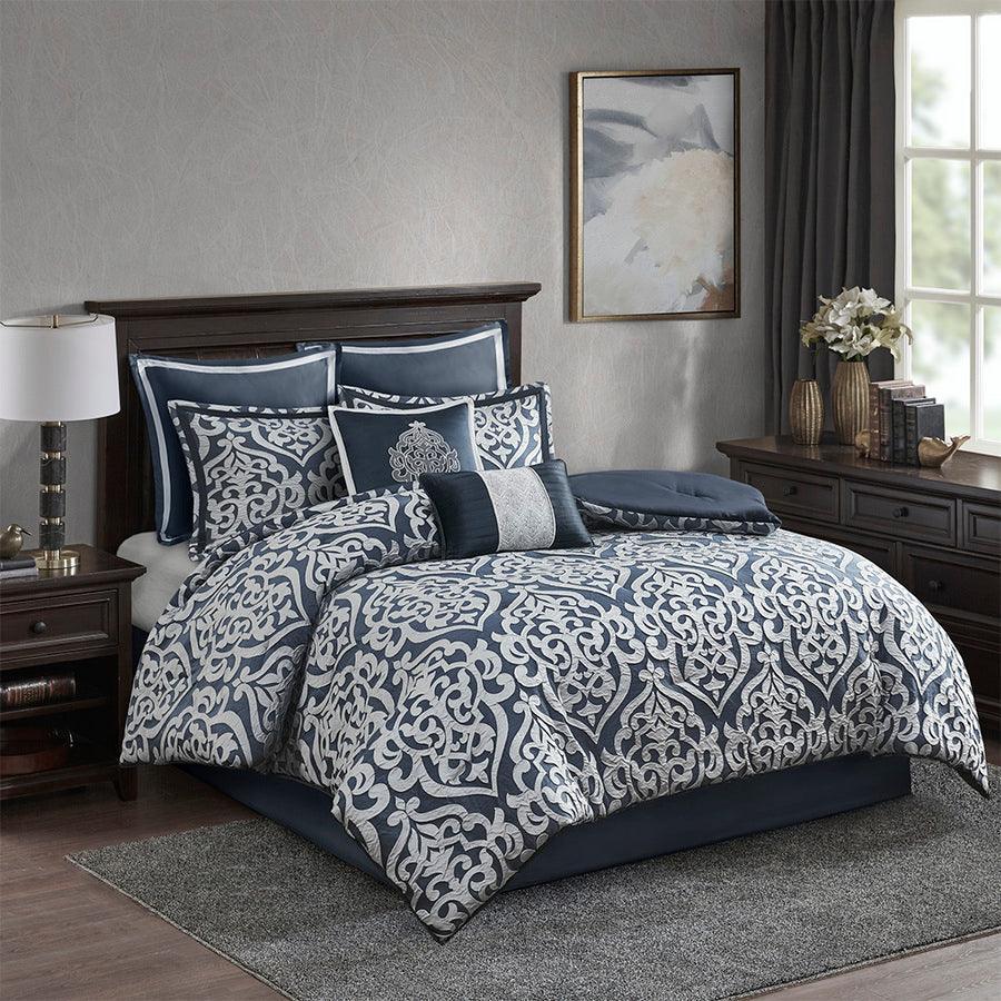 Olliix.com Comforters & Blankets - Odette 8 Piece Jacquard Comforter Set Navy Queen