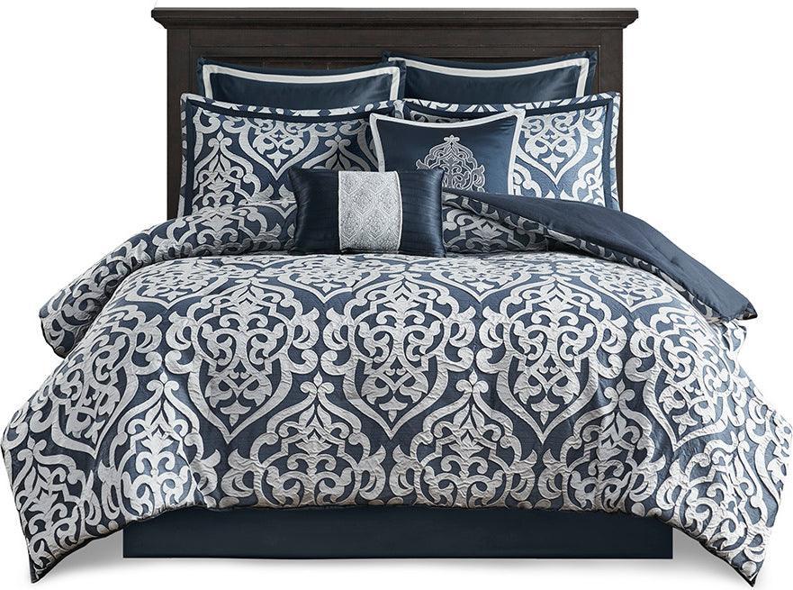 Olliix.com Comforters & Blankets - Odette 8 Piece Jacquard Comforter Set Navy Queen