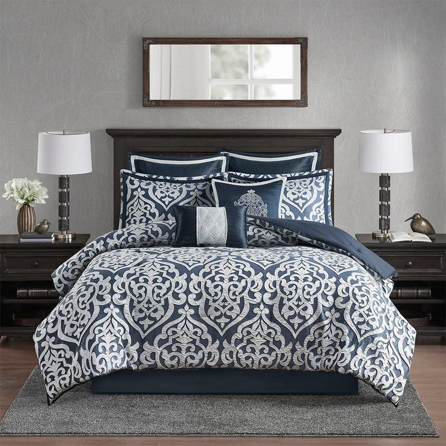 Olliix.com Comforters & Blankets - Odette 8 Piece Jacquard Comforter Set Navy Queen