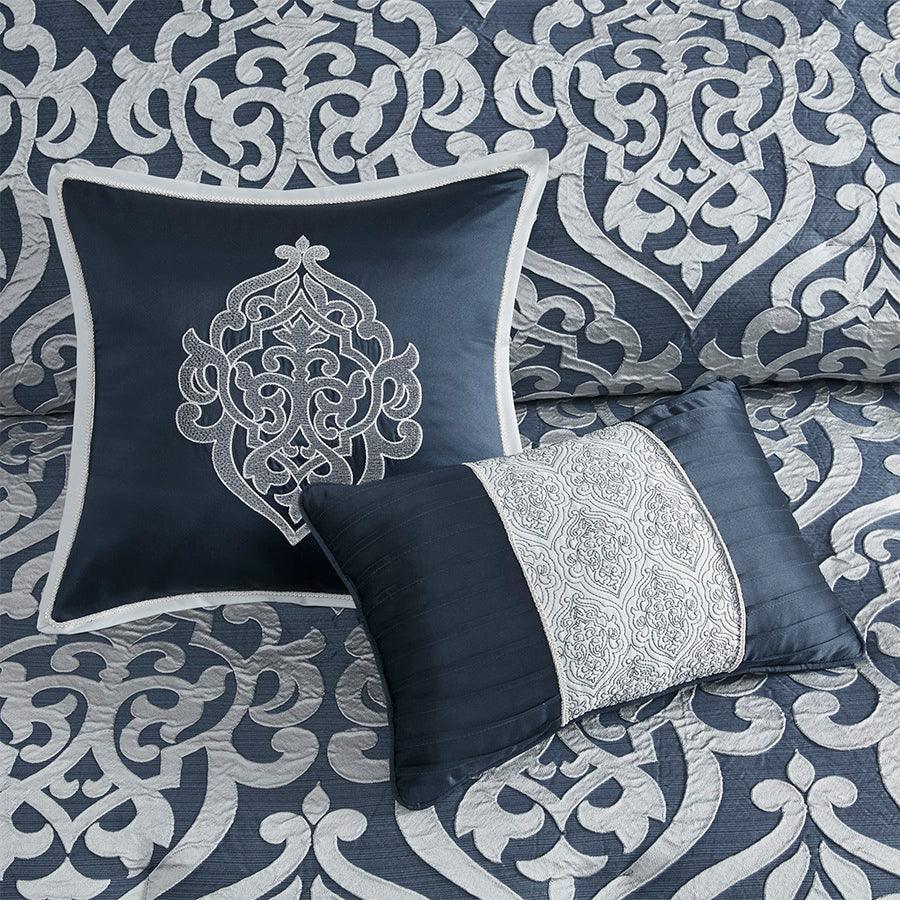 Olliix.com Comforters & Blankets - Odette 8 Piece Jacquard Comforter Set Navy Queen