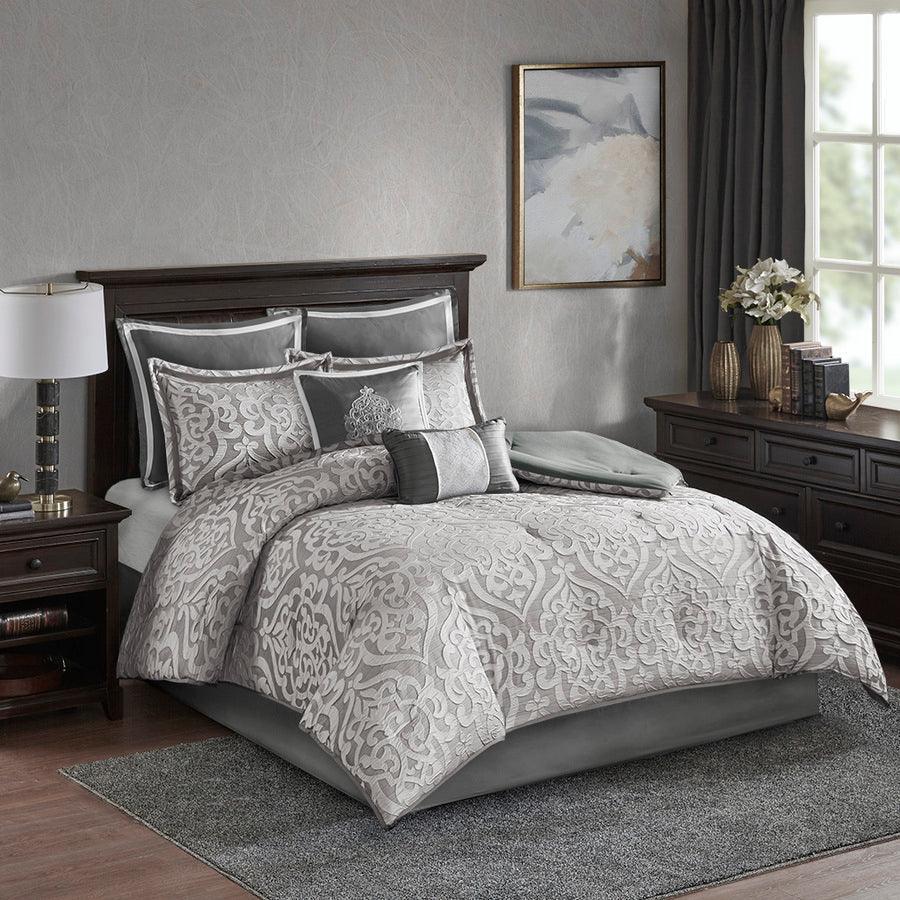 Olliix.com Comforters & Blankets - Odette Transitional 8 Piece Jacquard Comforter Set Silver Queen