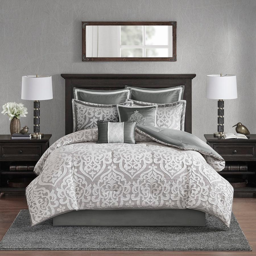 Olliix.com Comforters & Blankets - Odette Transitional 8 Piece Jacquard Comforter Set Silver Queen