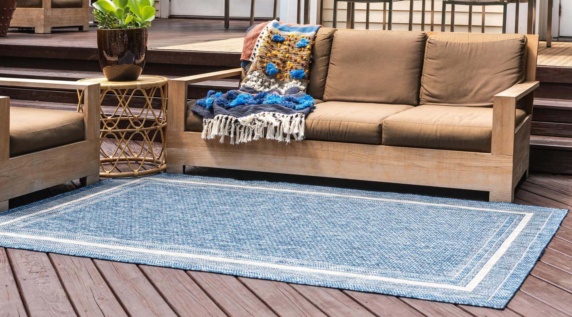 Unique Loom Outdoor Rugs - Outdoor Border Border Rectangular 8x11 Rug Blue & Beige