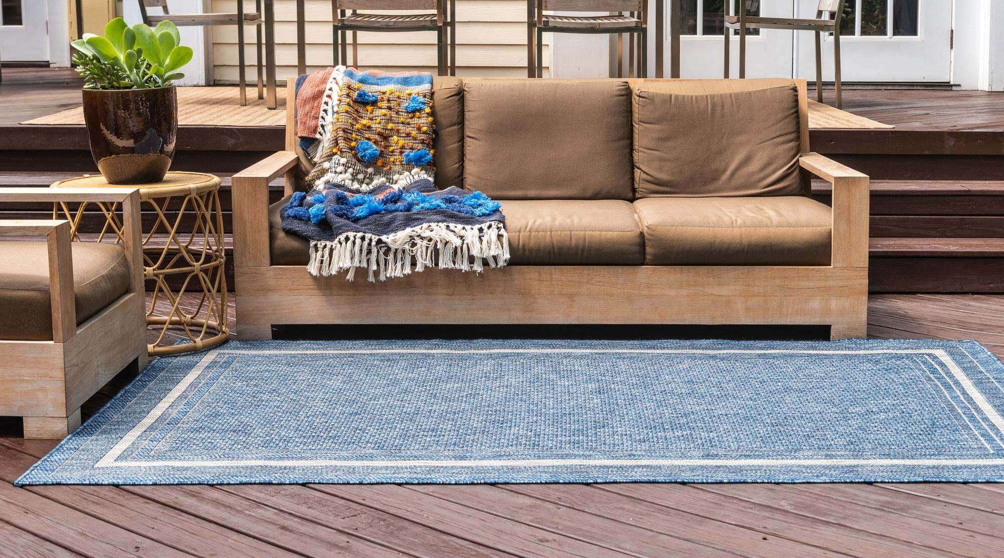 Unique Loom Outdoor Rugs - Outdoor Border Border Rectangular 8x11 Rug Blue & Beige