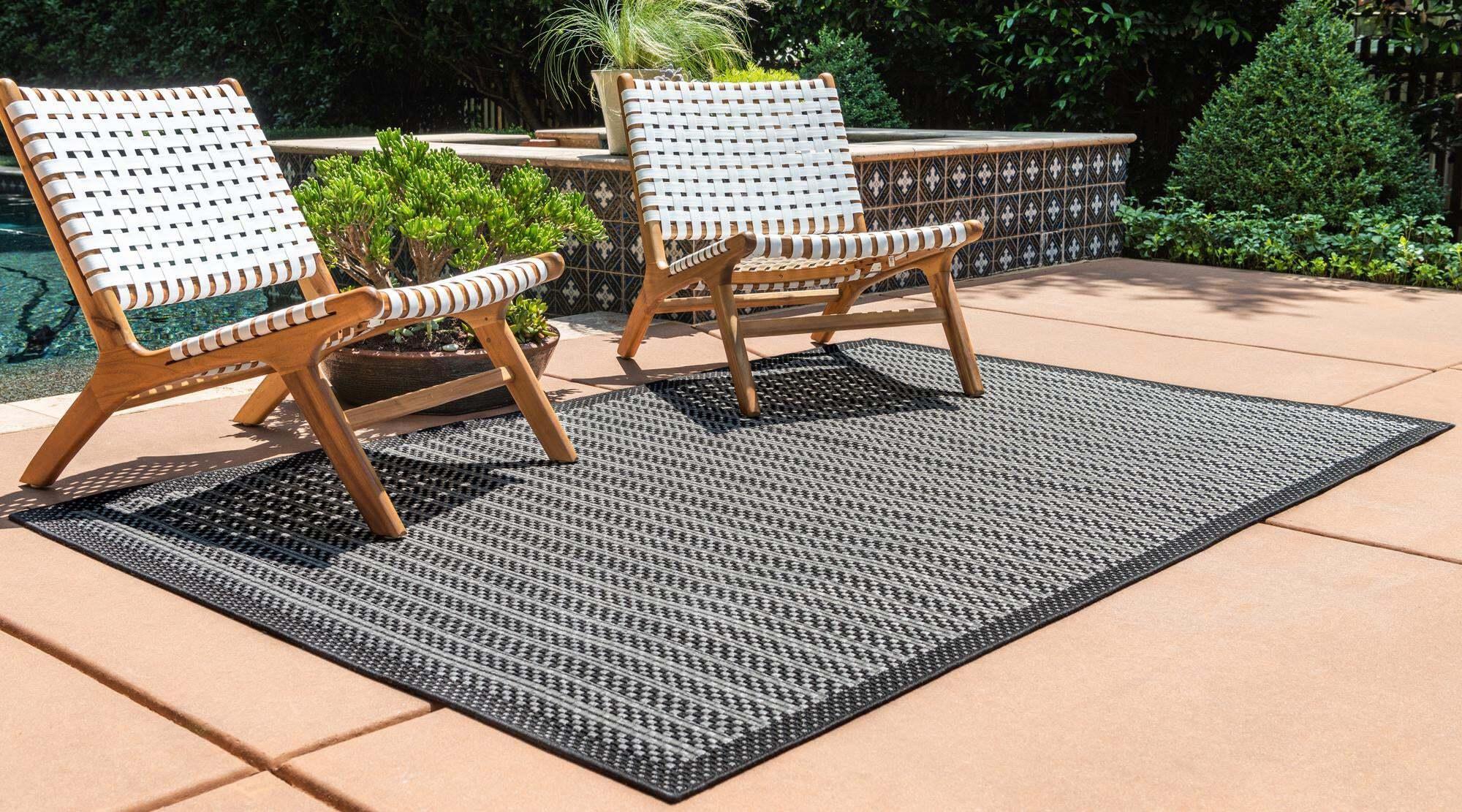 Unique Loom Outdoor Rugs - Outdoor Border Border Rectangular 8x11 Rug Gray & Black