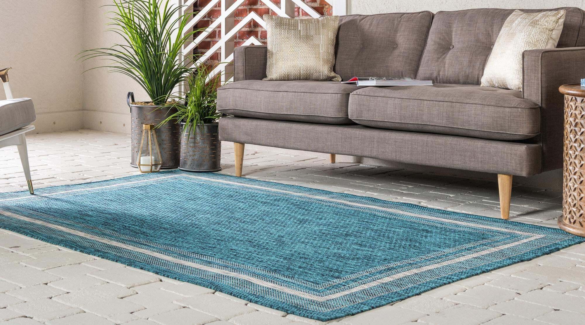 Unique Loom Outdoor Rugs - Outdoor Border Border Rectangular 8x11 Rug Teal & Beige