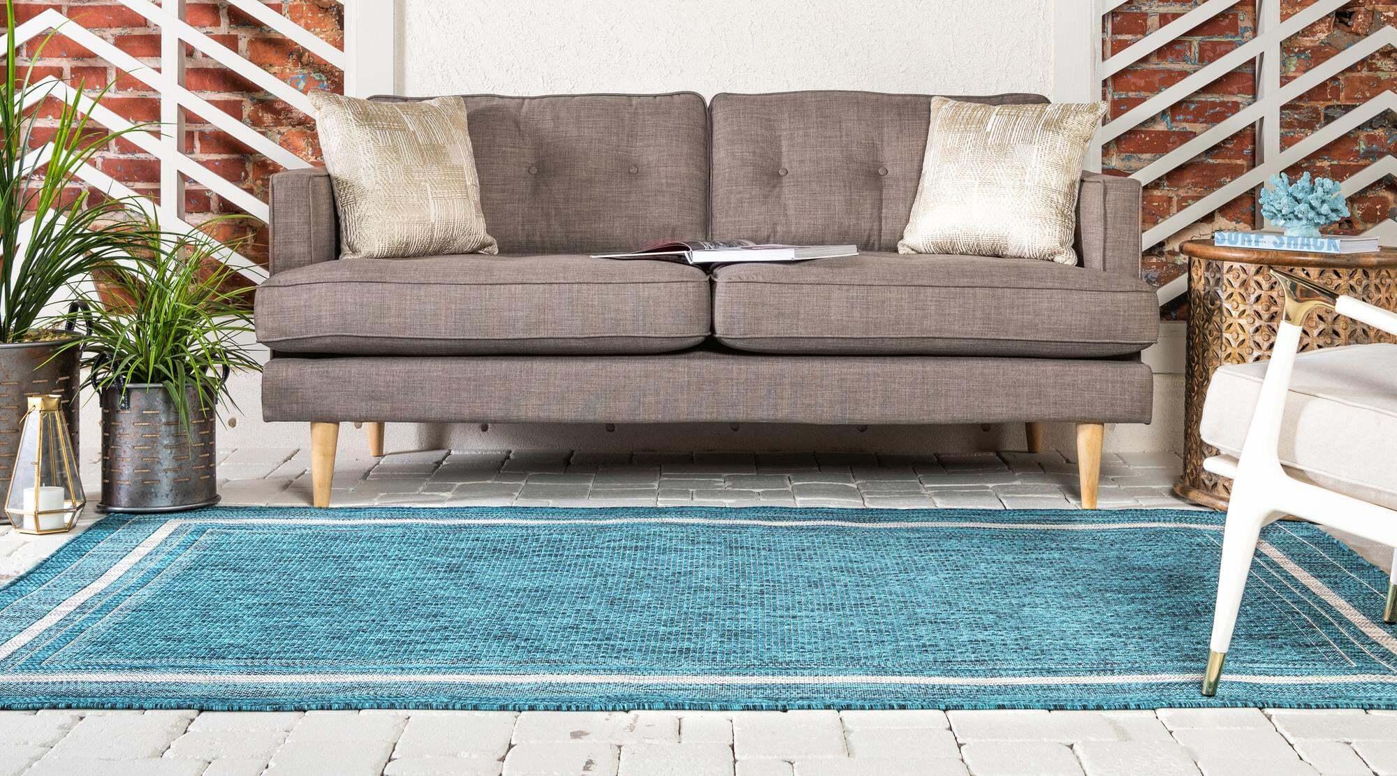 Unique Loom Outdoor Rugs - Outdoor Border Border Rectangular 8x11 Rug Teal & Beige