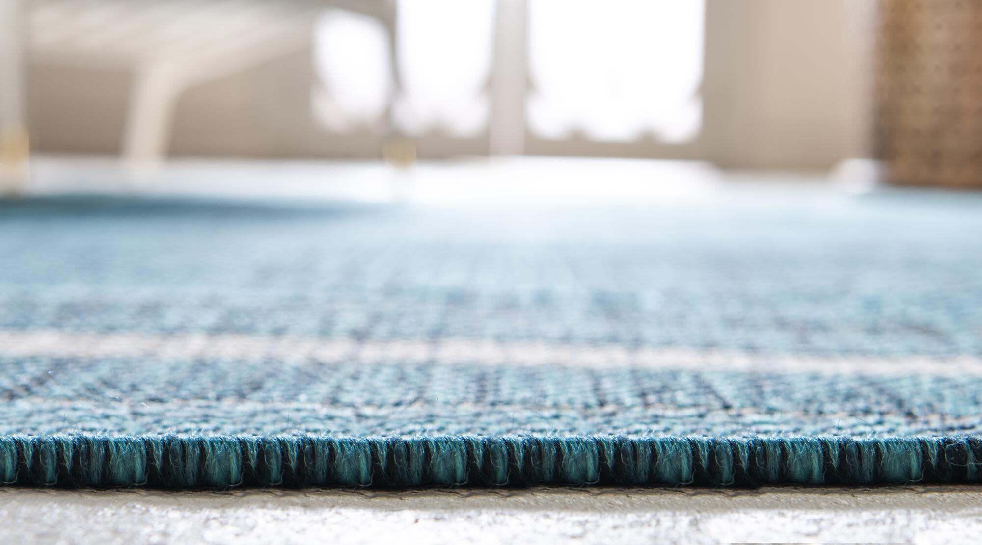Unique Loom Outdoor Rugs - Outdoor Border Border Rectangular 8x11 Rug Teal & Beige