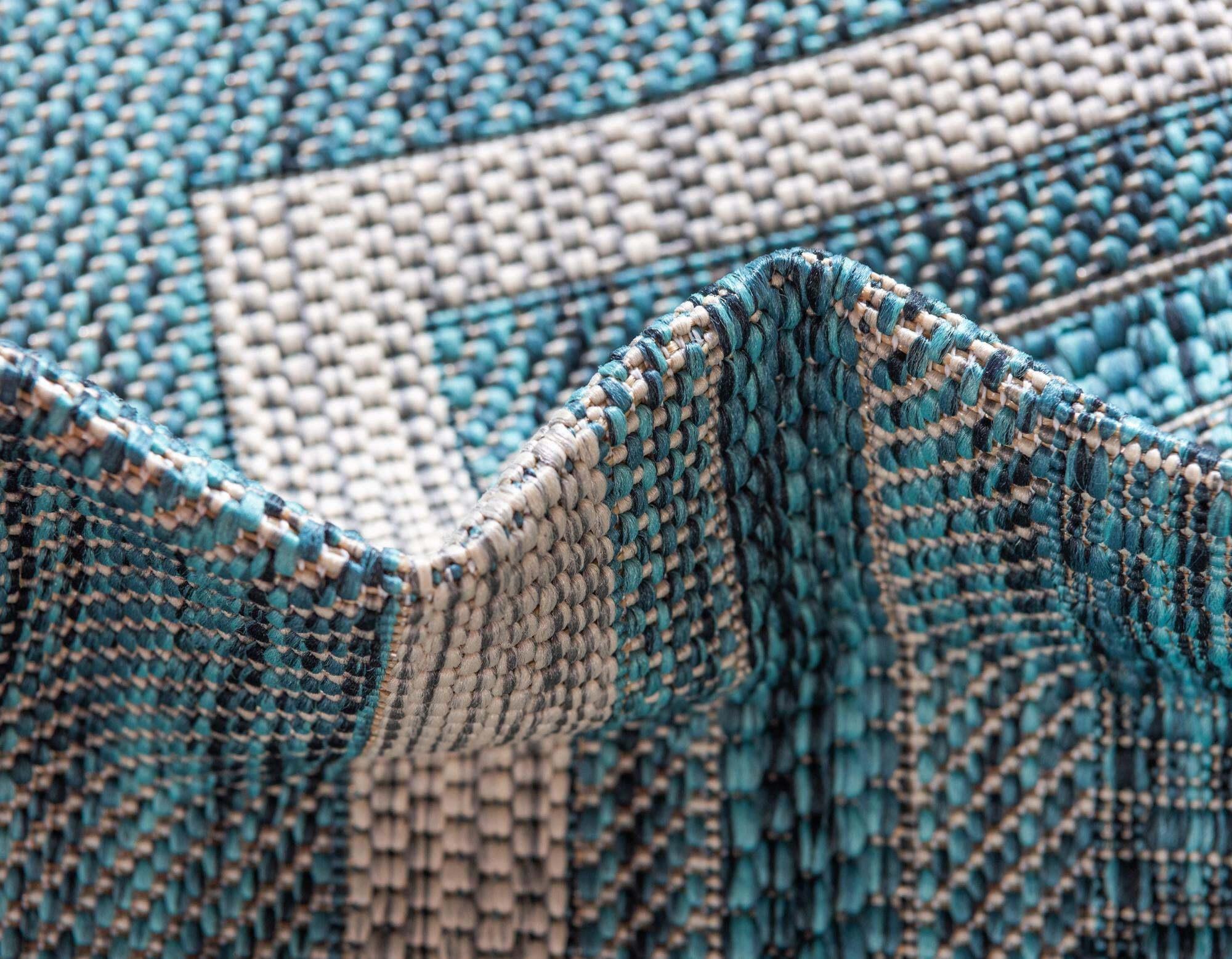 Unique Loom Outdoor Rugs - Outdoor Border Border Rectangular 8x11 Rug Teal & Beige