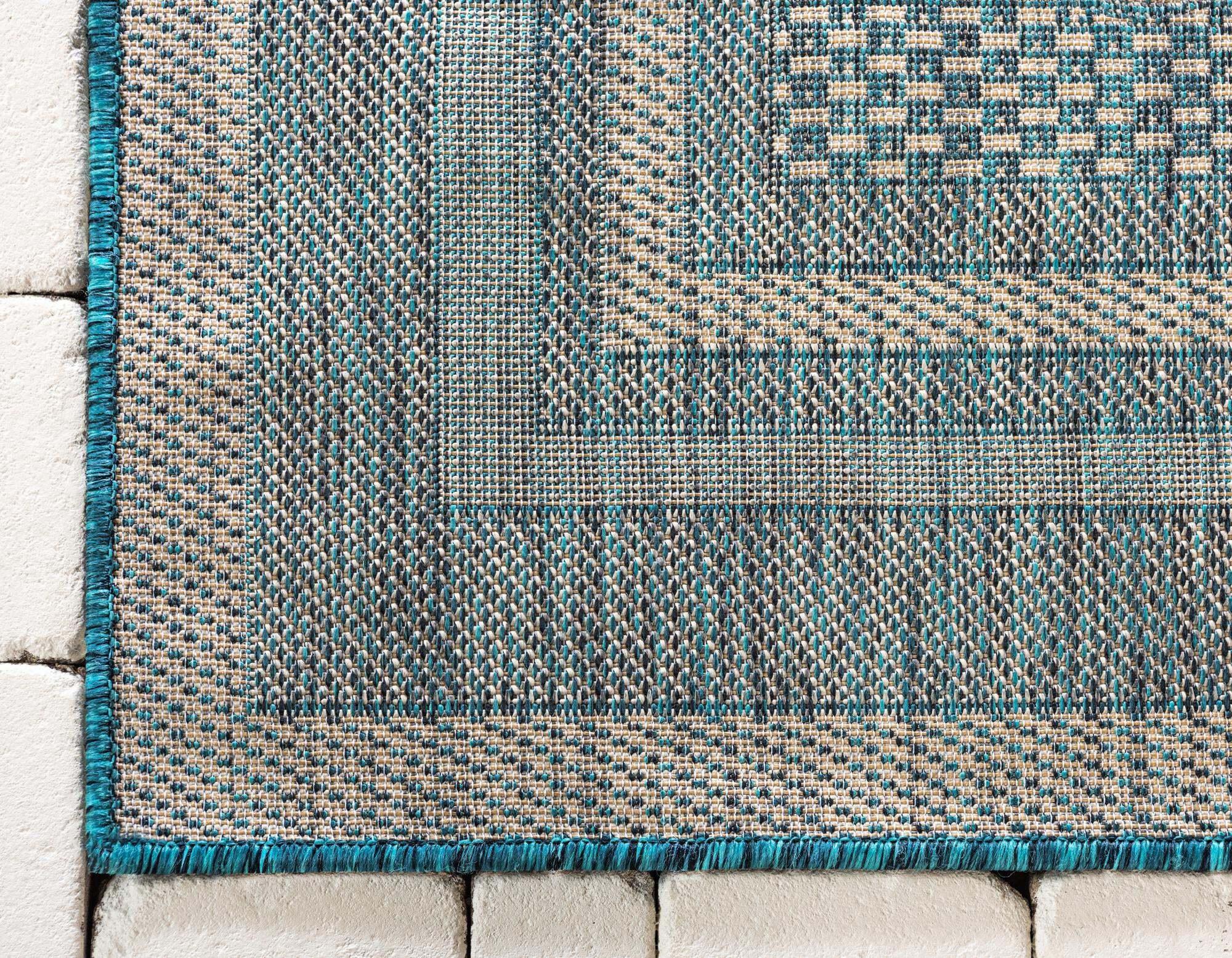 Unique Loom Outdoor Rugs - Outdoor Border Border Rectangular 8x11 Rug Teal & Beige