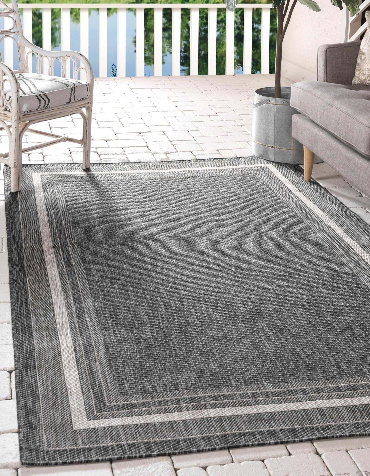 Unique Loom Outdoor Rugs - Outdoor Border Border Rectangular 9x12 Rug Black & Gray
