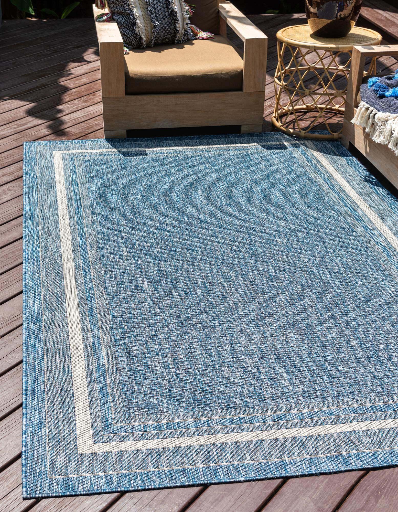 Unique Loom Outdoor Rugs - Outdoor Border Border Rectangular 9x12 Rug Blue & Beige