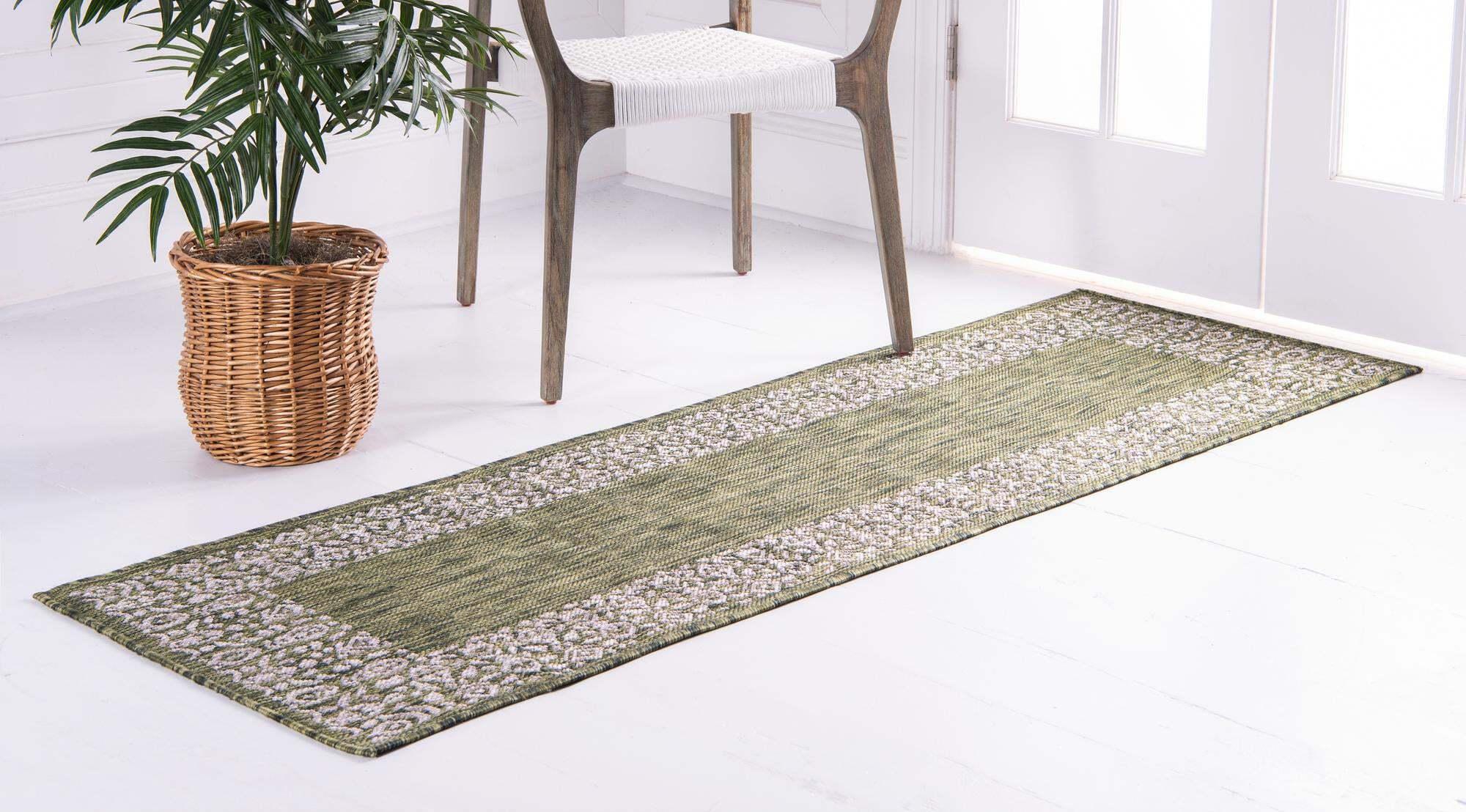 Unique Loom Outdoor Rugs - Outdoor Border Floral 6 Ft Runner Rug Green & Multicolor