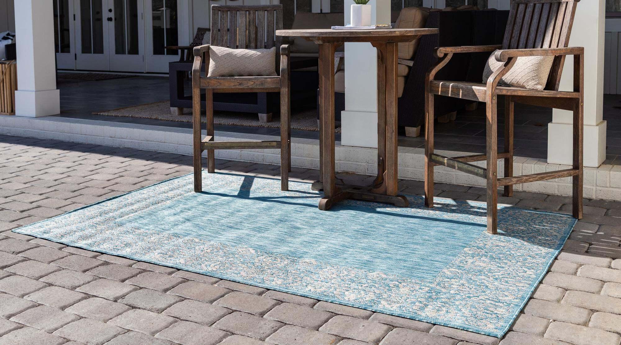 Unique Loom Outdoor Rugs - Outdoor Border Floral Rectangular 8x11 Rug Aqua Blue & Gray