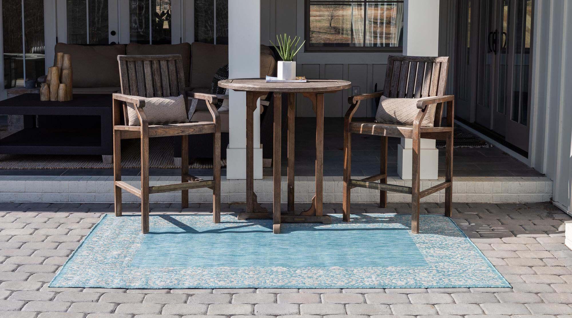 Unique Loom Outdoor Rugs - Outdoor Border Floral Rectangular 8x11 Rug Aqua Blue & Gray