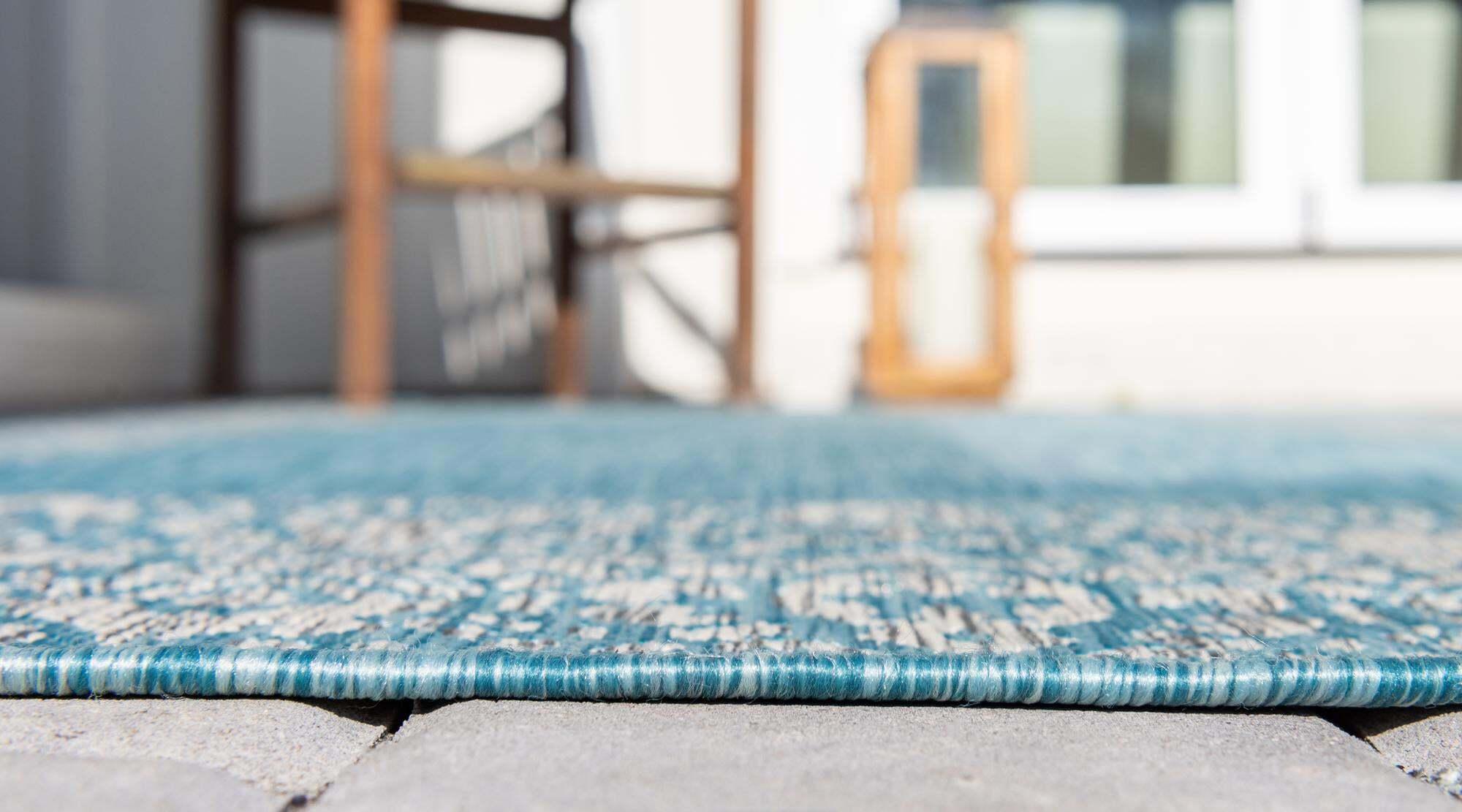 Unique Loom Outdoor Rugs - Outdoor Border Floral Rectangular 8x11 Rug Aqua Blue & Gray