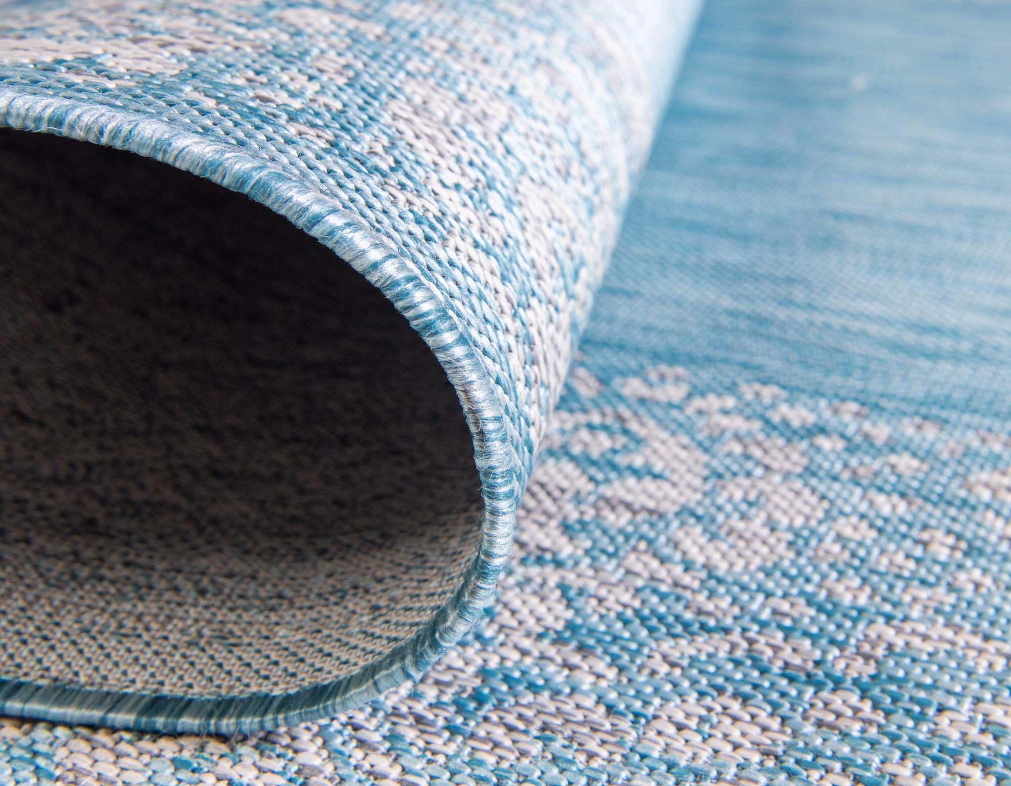 Unique Loom Outdoor Rugs - Outdoor Border Floral Rectangular 8x11 Rug Aqua Blue & Gray