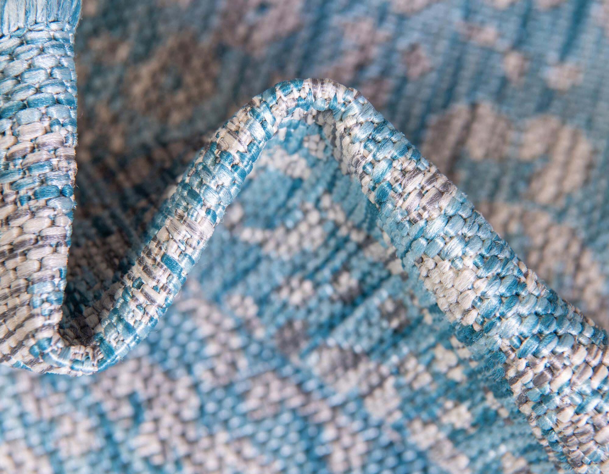 Unique Loom Outdoor Rugs - Outdoor Border Floral Rectangular 8x11 Rug Aqua Blue & Gray
