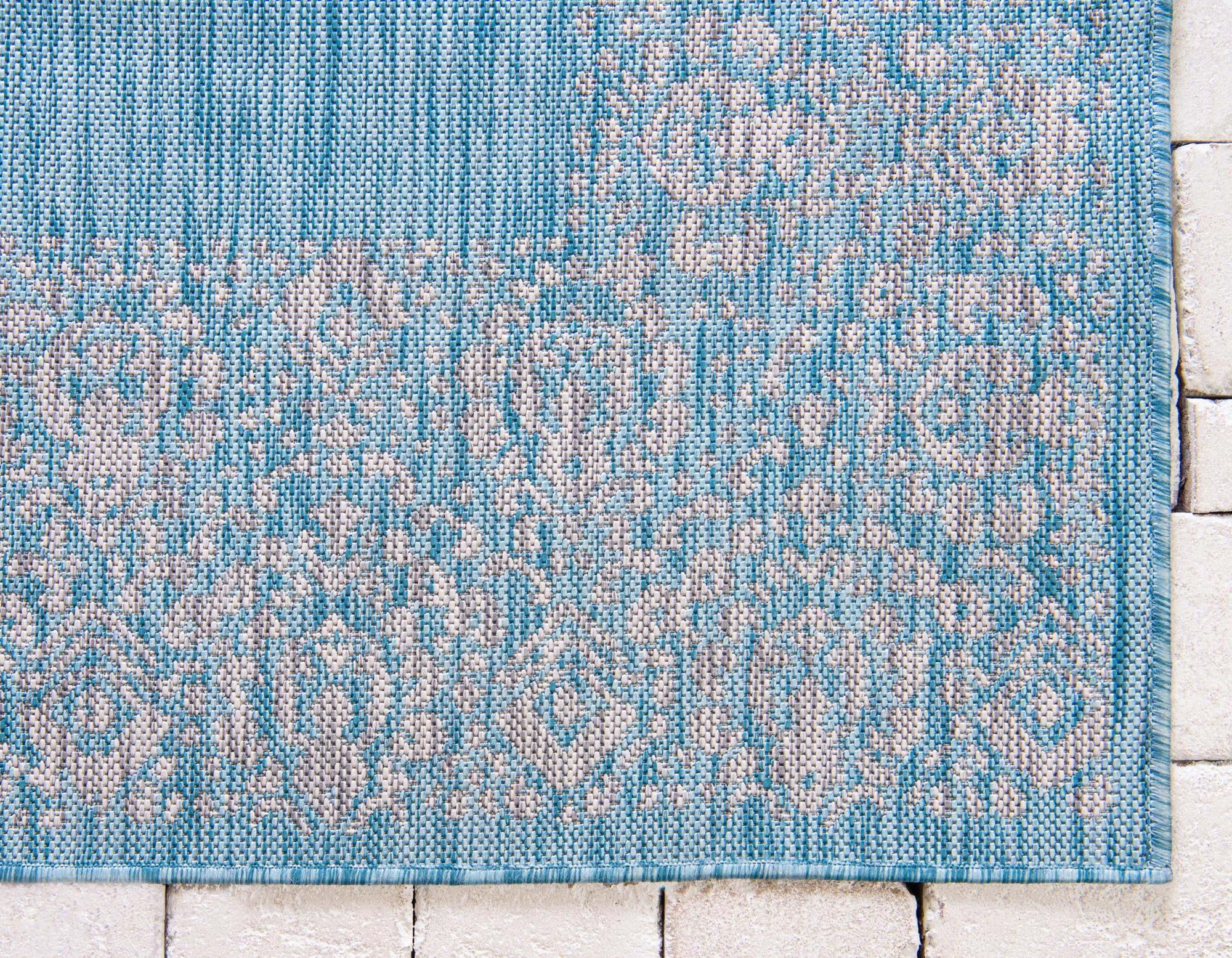 Unique Loom Outdoor Rugs - Outdoor Border Floral Rectangular 8x11 Rug Aqua Blue & Gray