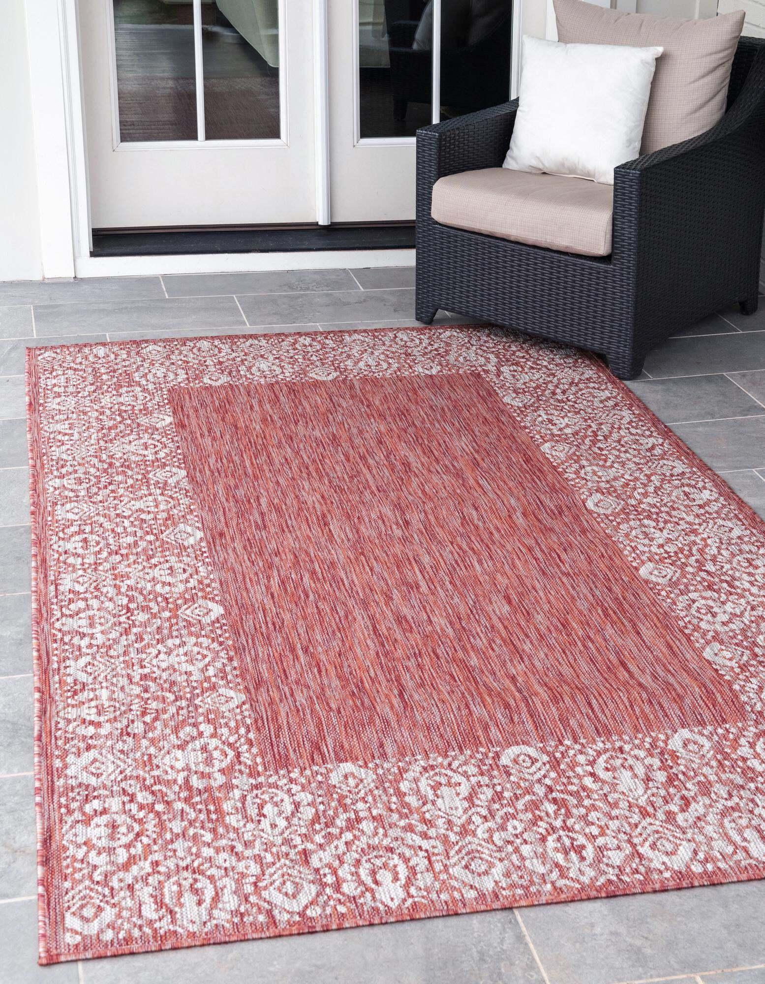 Unique Loom Outdoor Rugs - Outdoor Border Floral Rectangular 9x12 Rug Rust Red & Gray