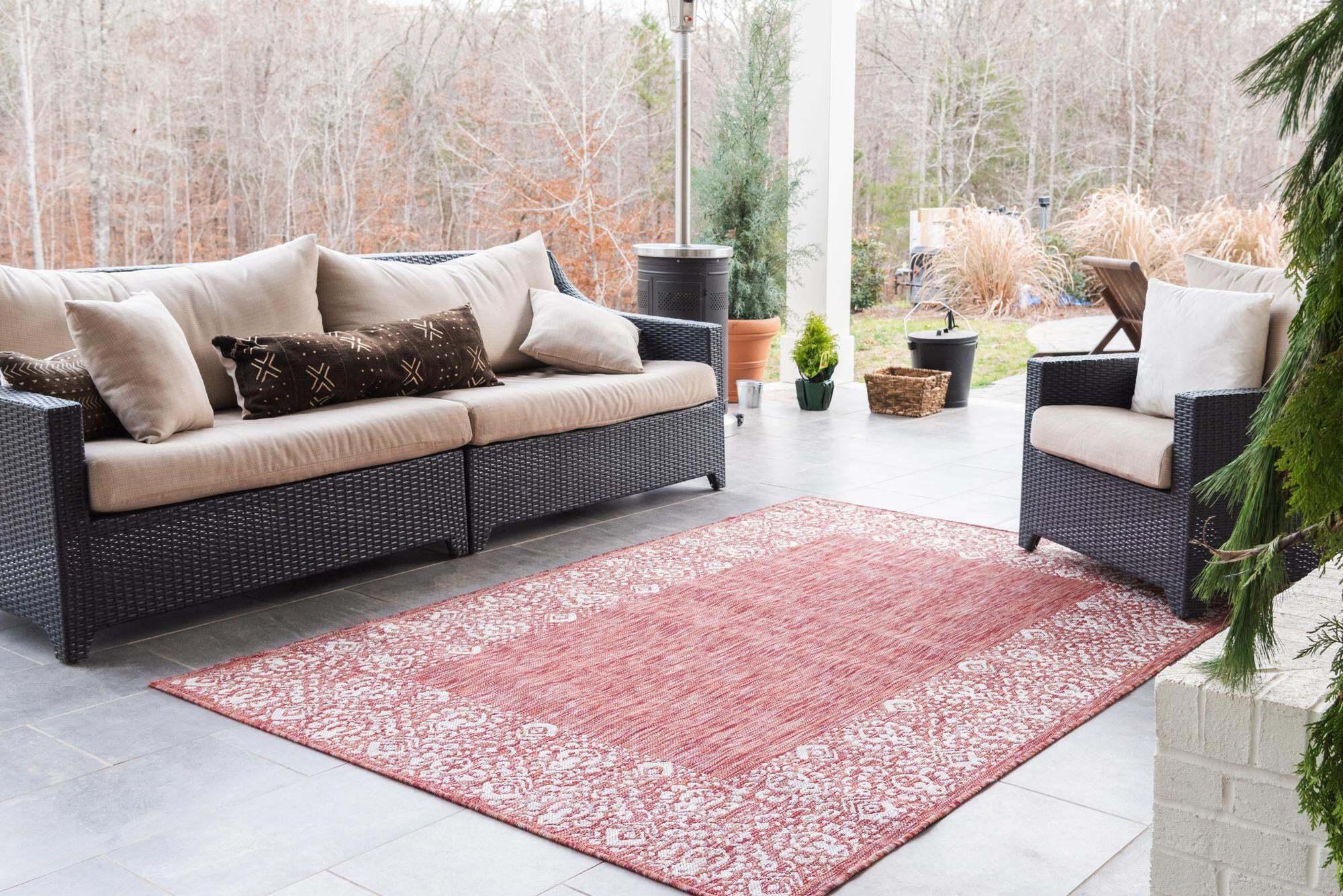 Unique Loom Outdoor Rugs - Outdoor Border Floral Rectangular 9x12 Rug Rust Red & Gray