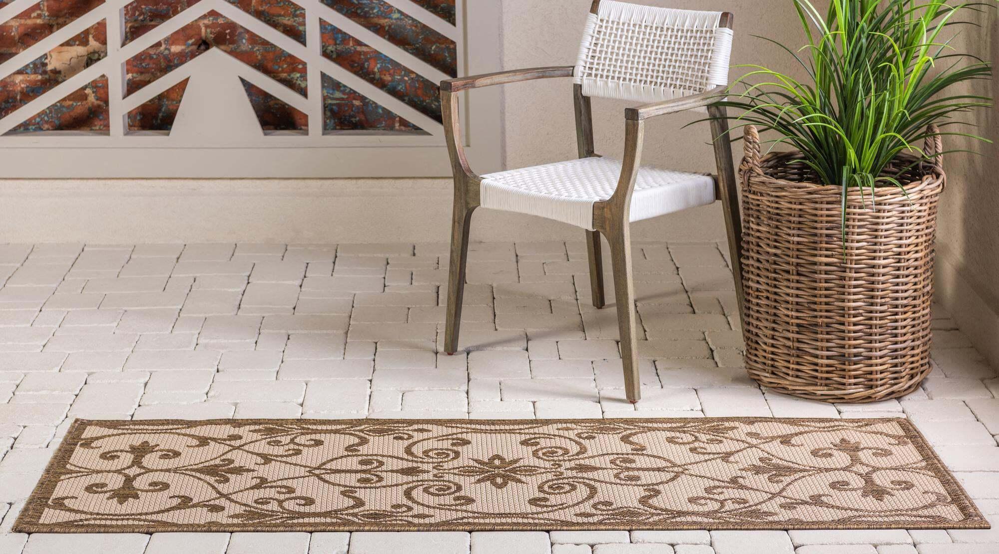 Unique Loom Outdoor Rugs - Outdoor Botanical Border 6 Ft Runner Rug Brown & Beige