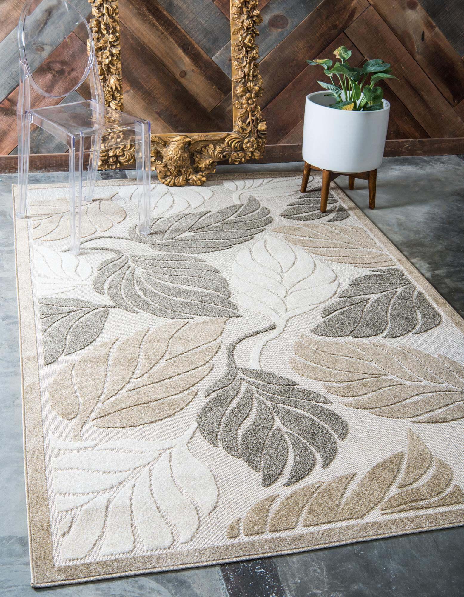 Unique Loom Outdoor Rugs - Outdoor Botanical Border 8x10 Rug Beige/Gray & Multicolor