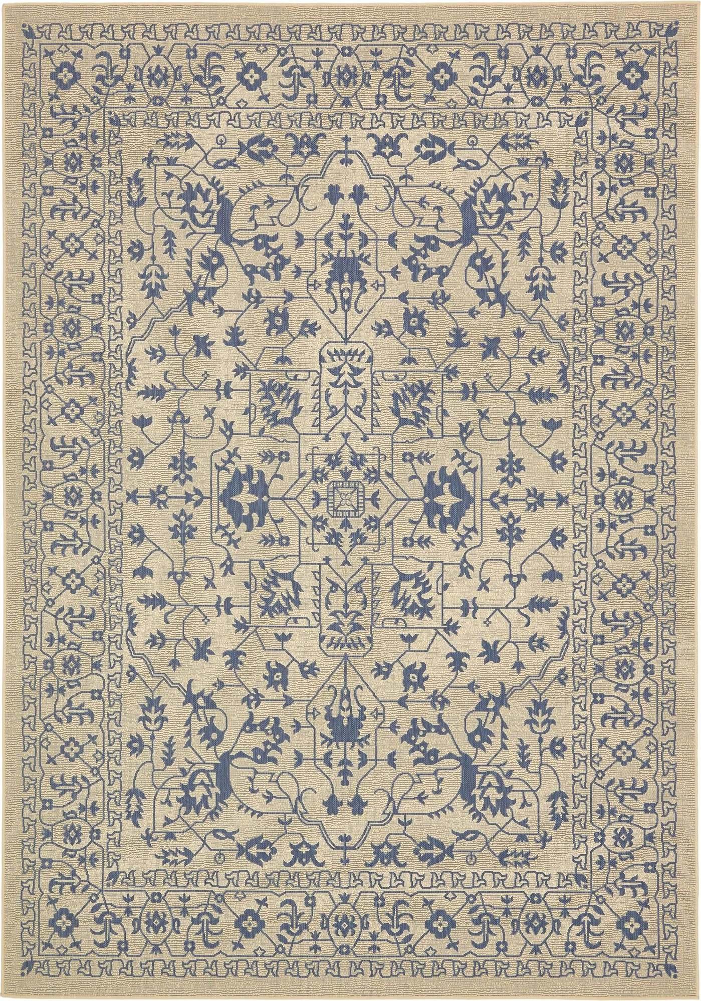 Unique Loom Outdoor Rugs - Outdoor Botanical Border Rectangular 8x11 Rug Beige & Blue