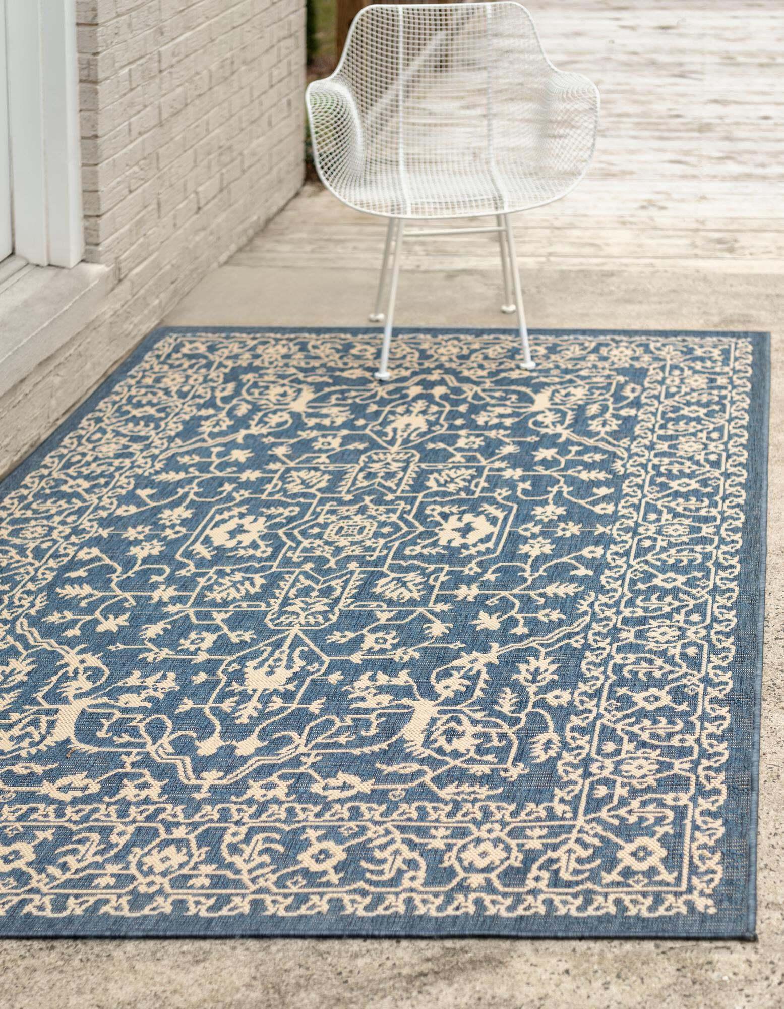 Unique Loom Outdoor Rugs - Outdoor Botanical Border Rectangular 8x11 Rug Navy Blue & Beige
