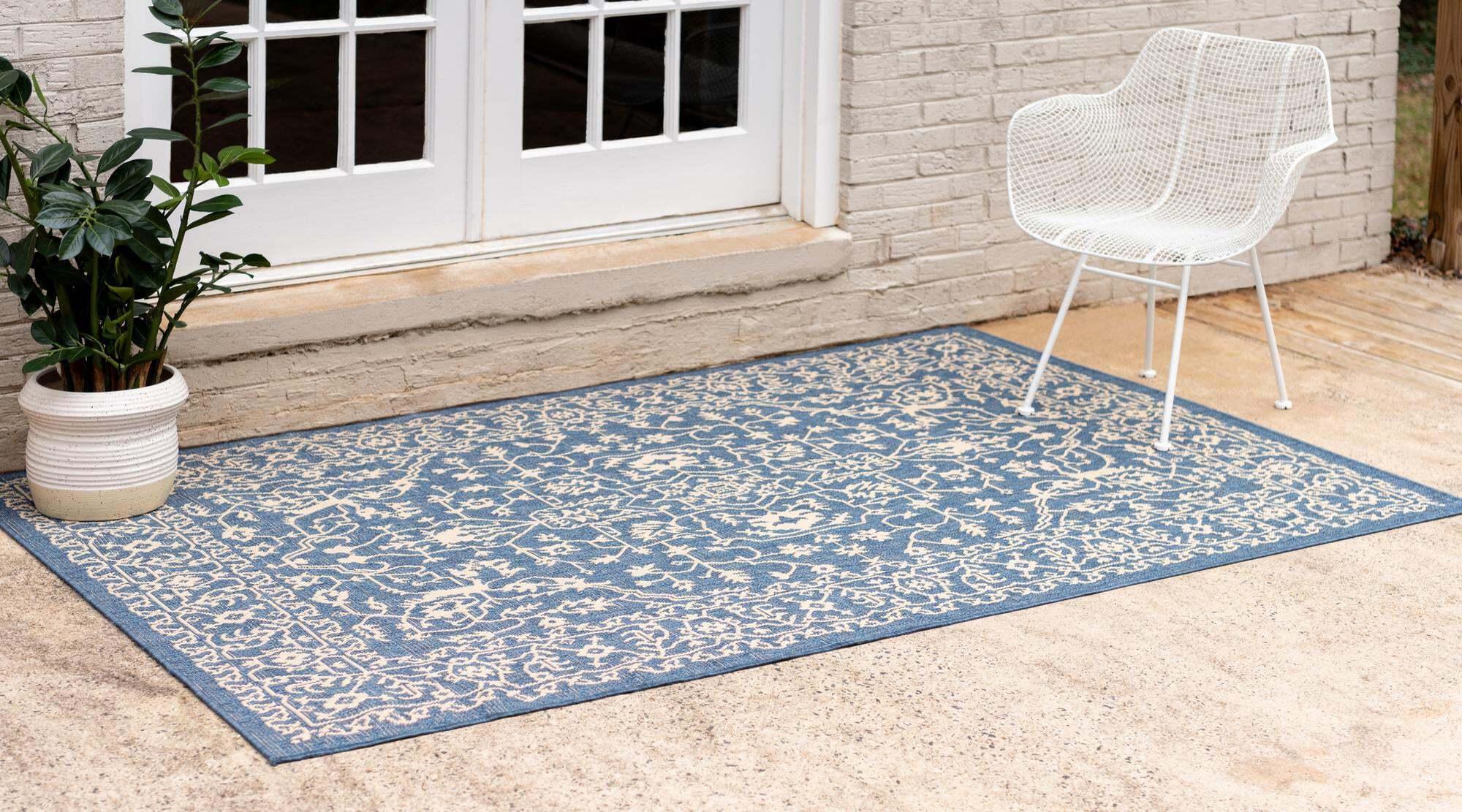 Unique Loom Outdoor Rugs - Outdoor Botanical Border Rectangular 8x11 Rug Navy Blue & Beige