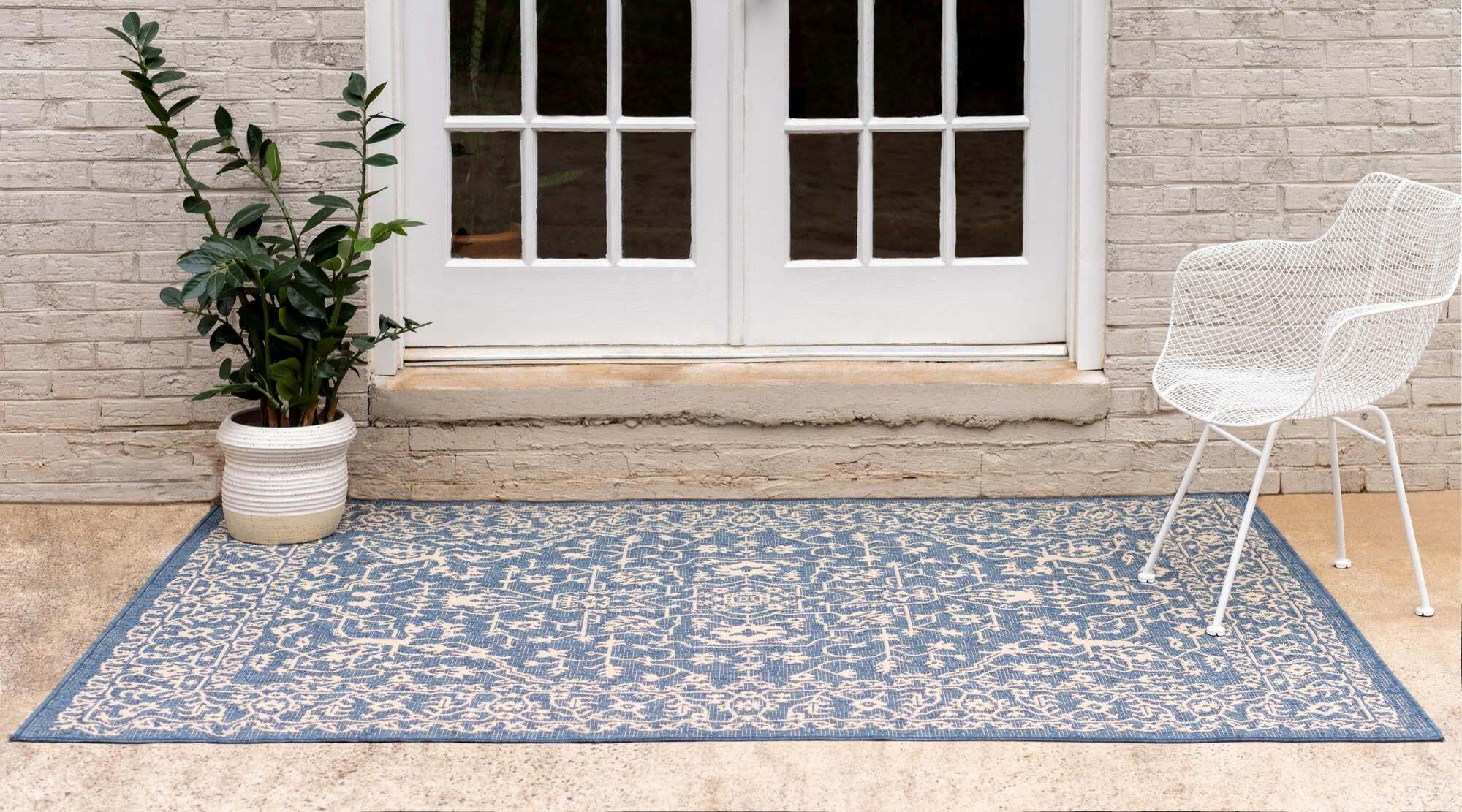 Unique Loom Outdoor Rugs - Outdoor Botanical Border Rectangular 8x11 Rug Navy Blue & Beige