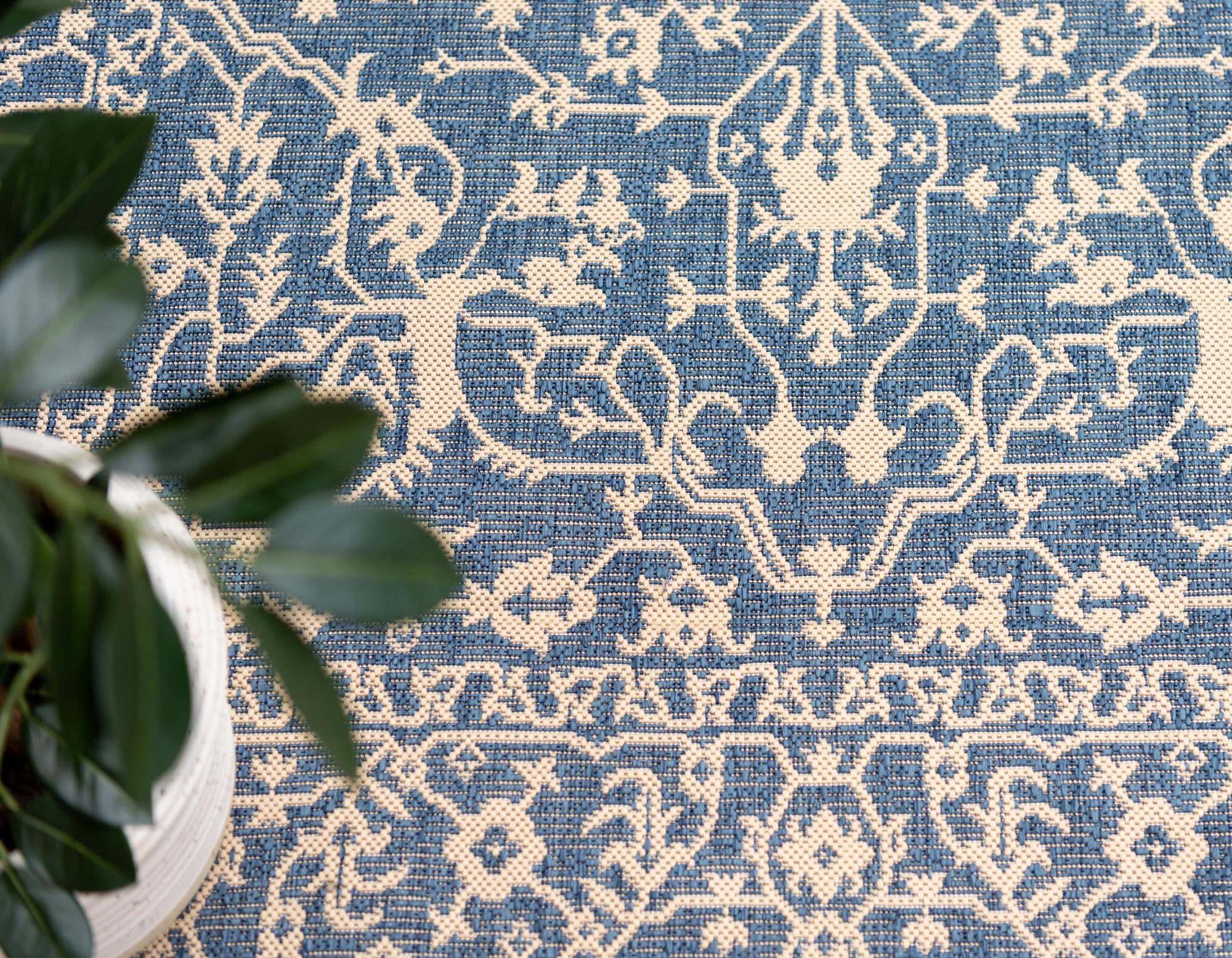 Unique Loom Outdoor Rugs - Outdoor Botanical Border Rectangular 8x11 Rug Navy Blue & Beige