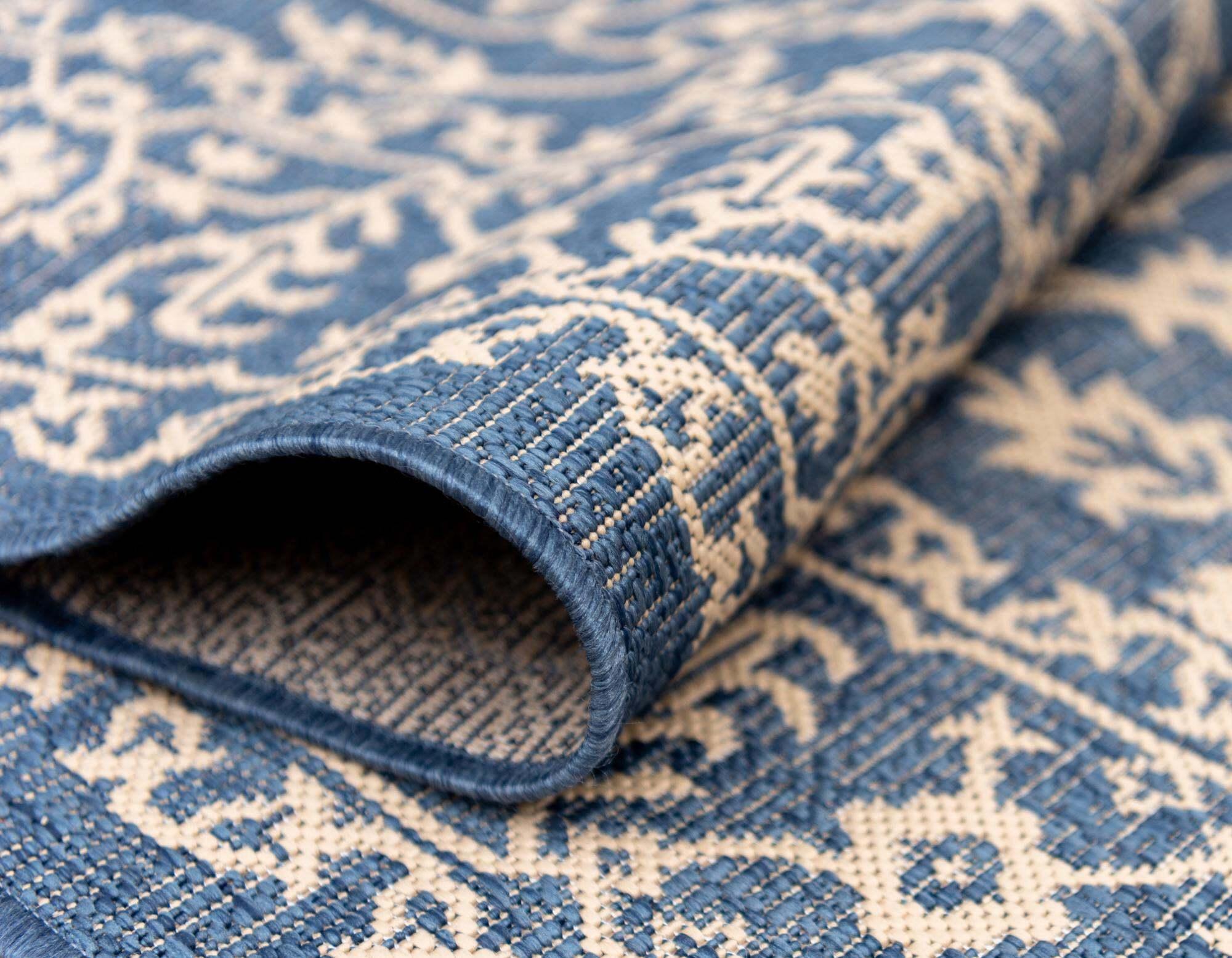 Unique Loom Outdoor Rugs - Outdoor Botanical Border Rectangular 8x11 Rug Navy Blue & Beige