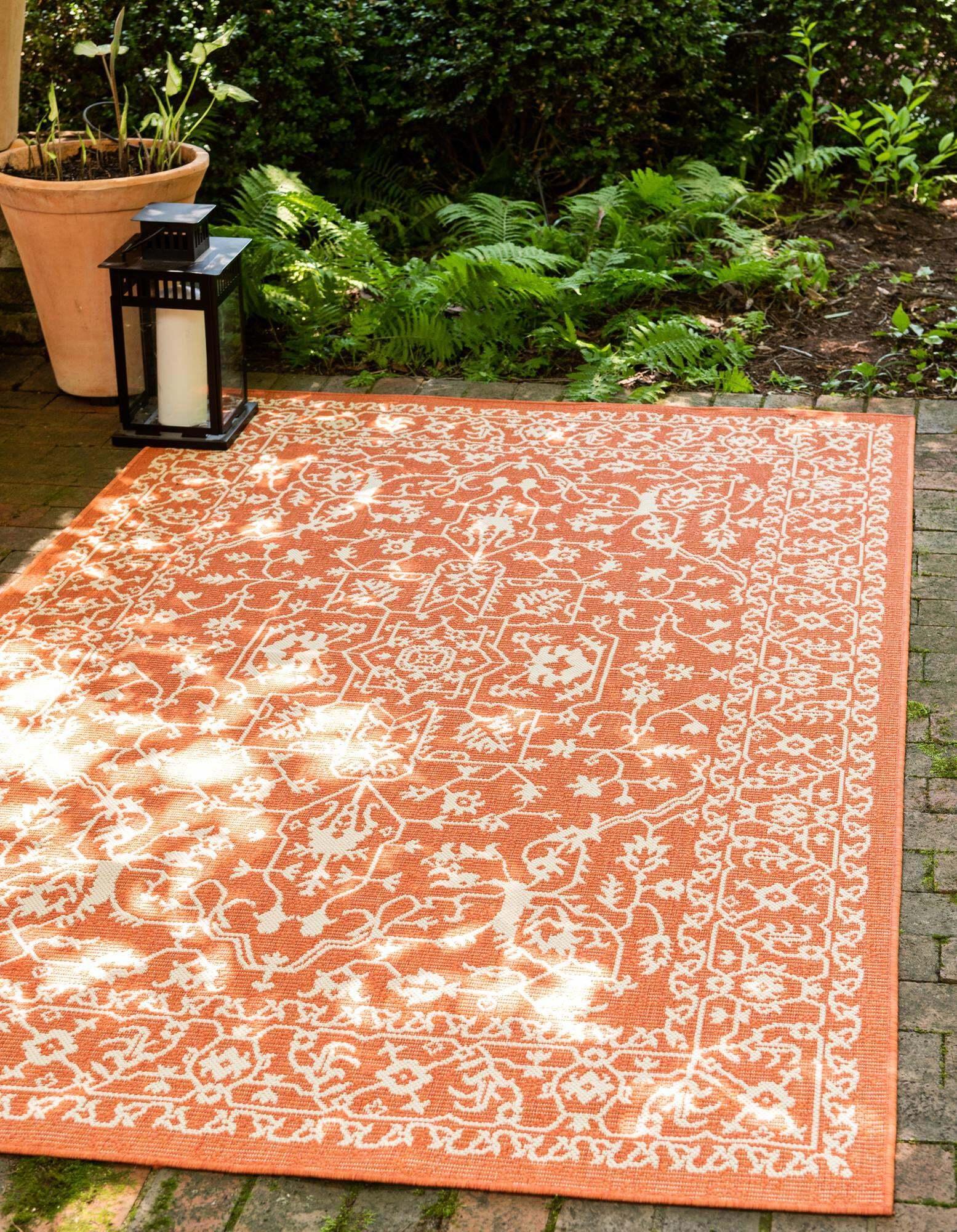 Unique Loom Outdoor Rugs - Outdoor Botanical Border Rectangular 8x11 Rug Terracotta & Beige