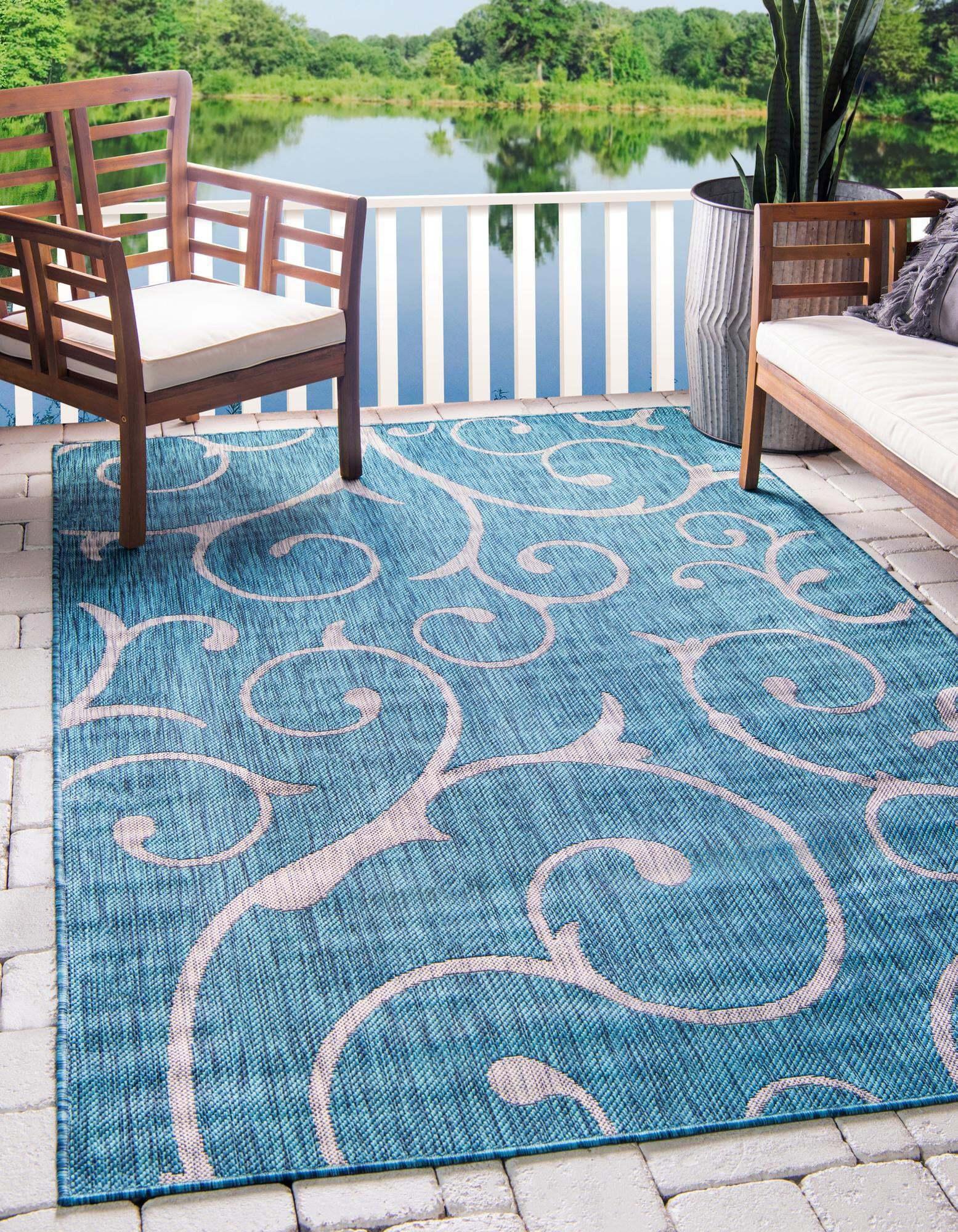 Unique Loom Outdoor Rugs - Outdoor Botanical Damask 4x6 Rug Teal & Multicolor
