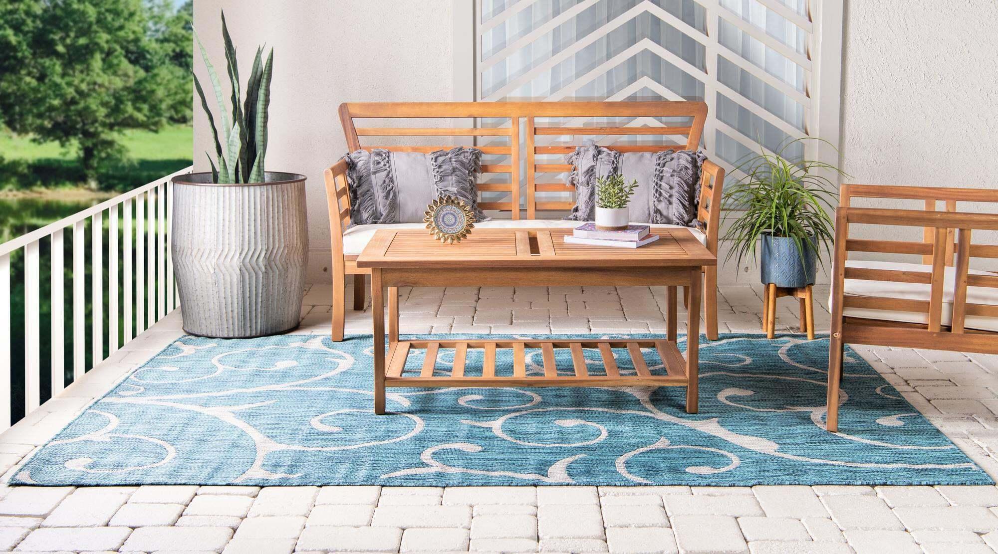 Unique Loom Outdoor Rugs - Outdoor Botanical Damask 4x6 Rug Teal & Multicolor