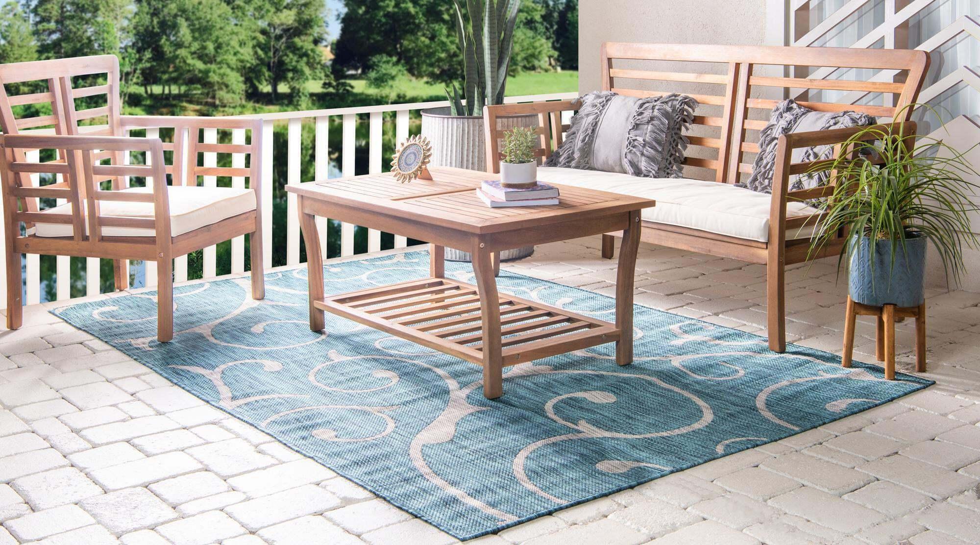 Unique Loom Outdoor Rugs - Outdoor Botanical Damask 4x6 Rug Teal & Multicolor