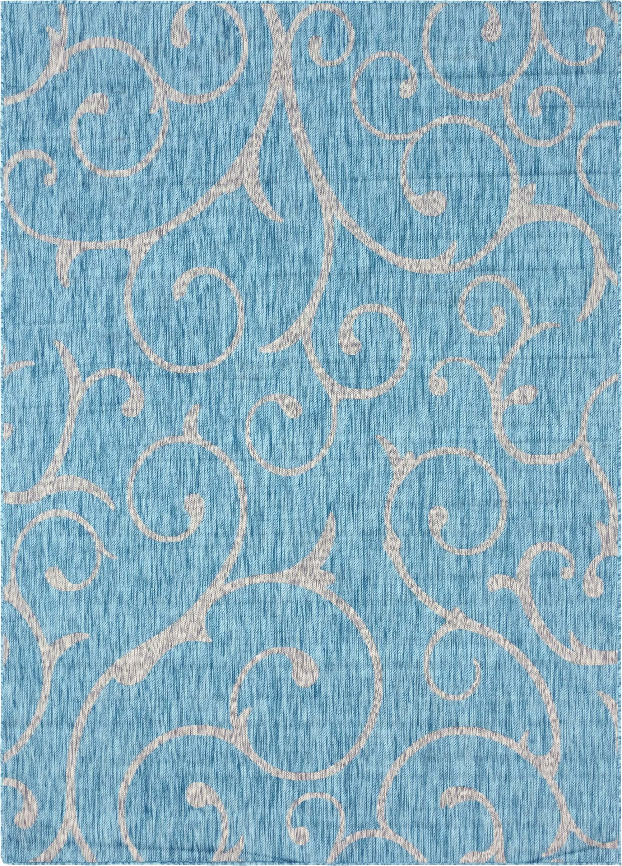 Unique Loom Outdoor Rugs - Outdoor Botanical Damask Rectangular 8x11 Rug Aqua Blue & Ivory
