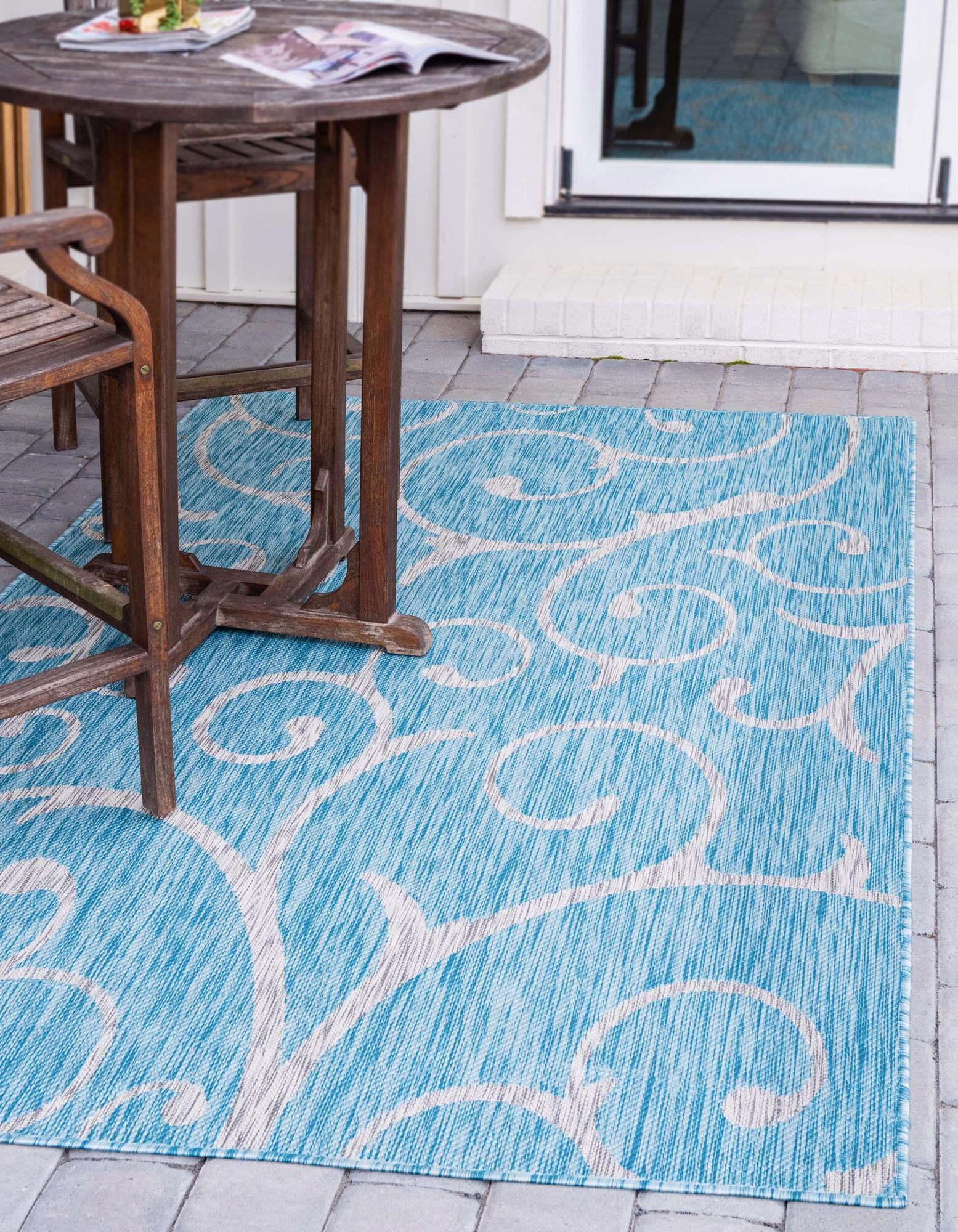 Unique Loom Outdoor Rugs - Outdoor Botanical Damask Rectangular 8x11 Rug Aqua Blue & Ivory