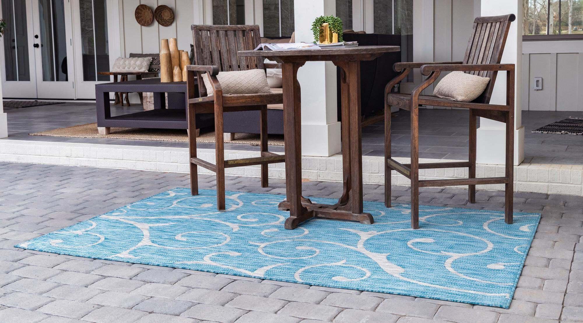 Unique Loom Outdoor Rugs - Outdoor Botanical Damask Rectangular 8x11 Rug Aqua Blue & Ivory