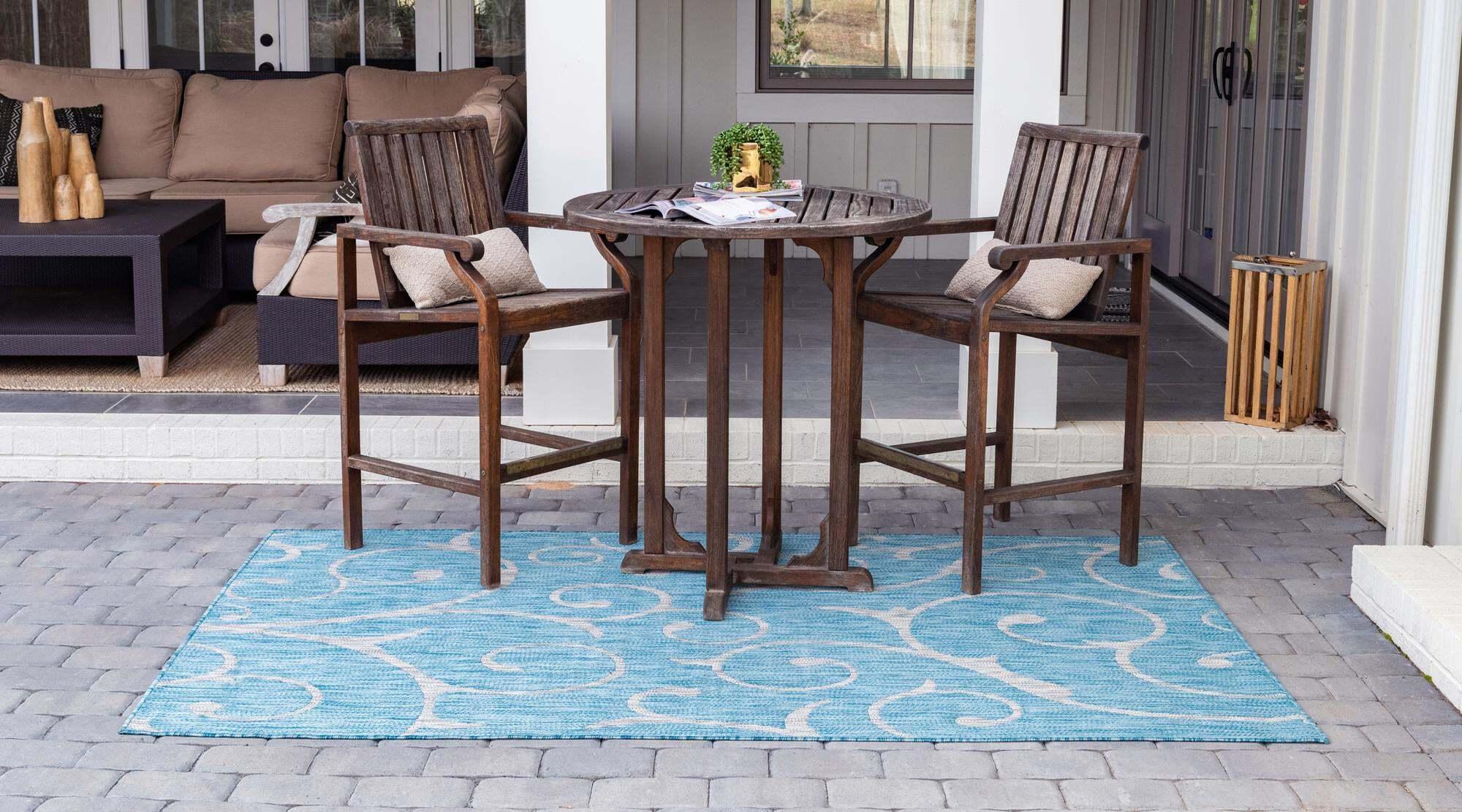 Unique Loom Outdoor Rugs - Outdoor Botanical Damask Rectangular 8x11 Rug Aqua Blue & Ivory