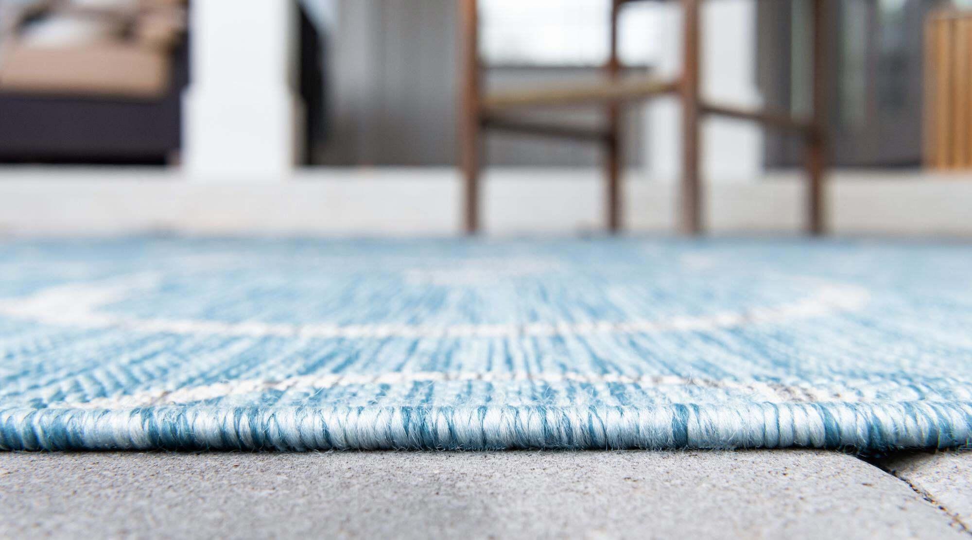 Unique Loom Outdoor Rugs - Outdoor Botanical Damask Rectangular 8x11 Rug Aqua Blue & Ivory