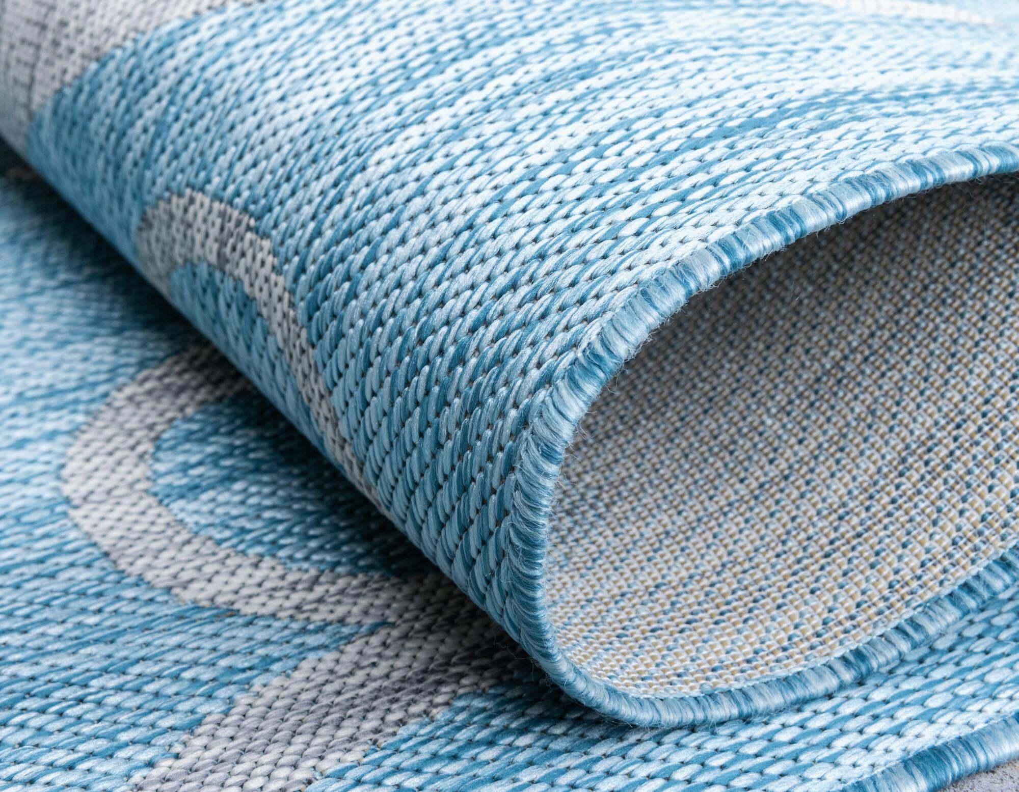 Unique Loom Outdoor Rugs - Outdoor Botanical Damask Rectangular 8x11 Rug Aqua Blue & Ivory