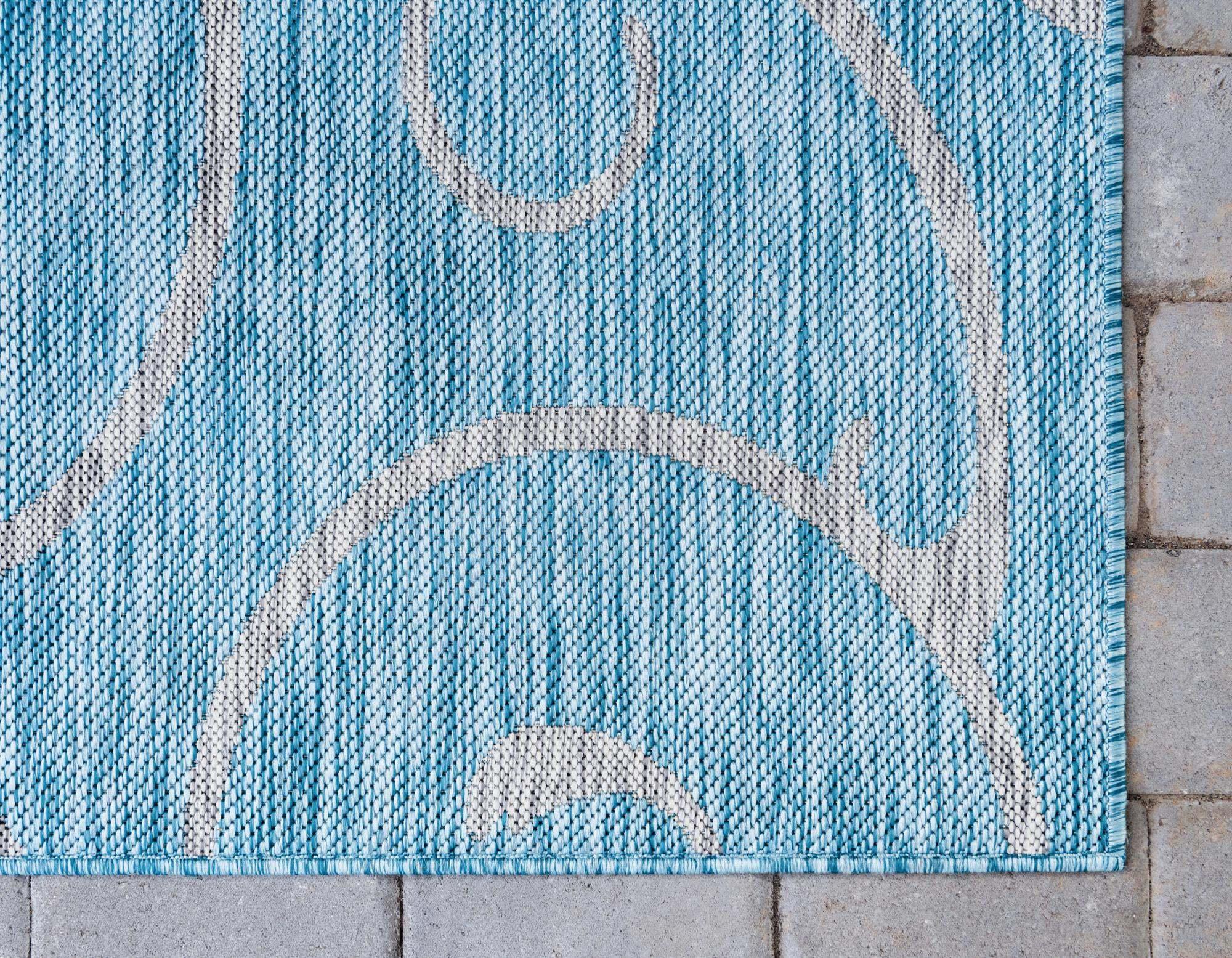 Unique Loom Outdoor Rugs - Outdoor Botanical Damask Rectangular 8x11 Rug Aqua Blue & Ivory