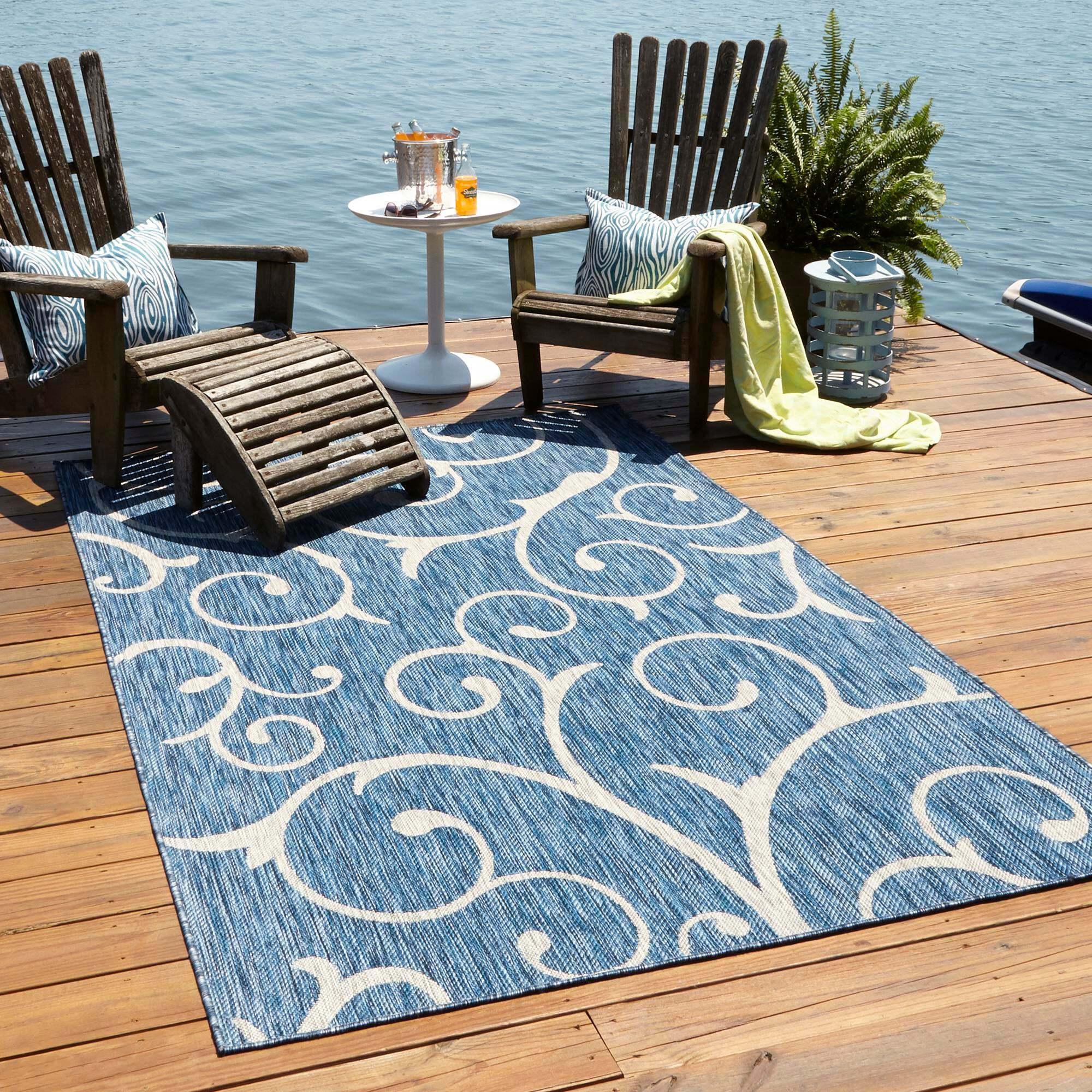 Unique Loom Outdoor Rugs - Outdoor Botanical Damask Rectangular 8x11 Rug Blue & Gray