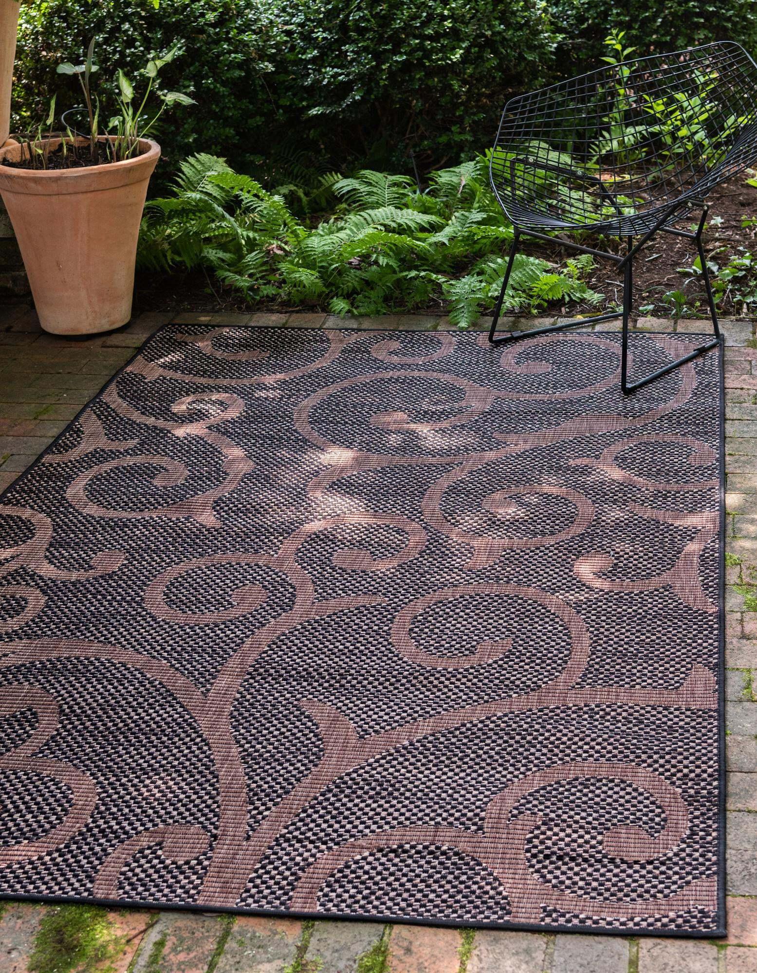Unique Loom Outdoor Rugs - Outdoor Botanical Damask Rectangular 8x11 Rug Chocolate Brown & Black