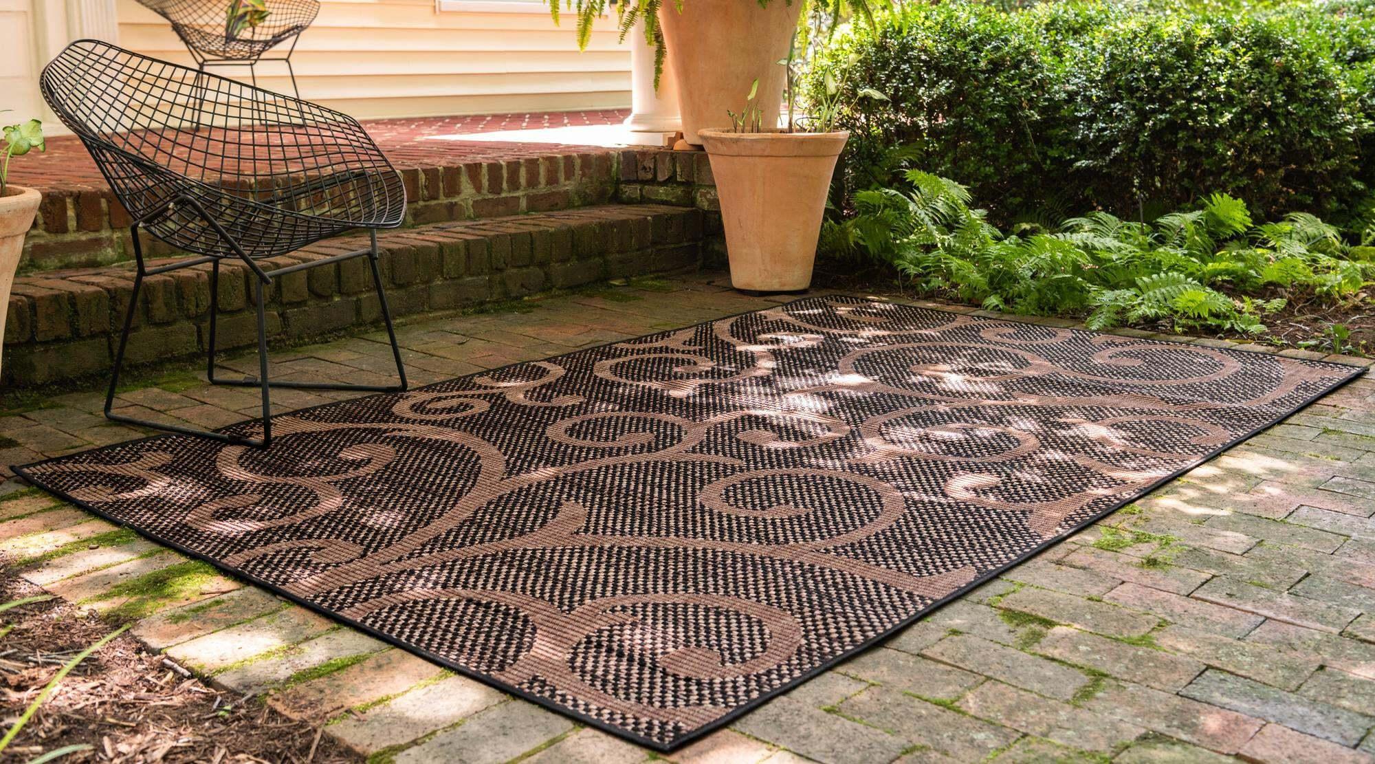 Unique Loom Outdoor Rugs - Outdoor Botanical Damask Rectangular 8x11 Rug Chocolate Brown & Black