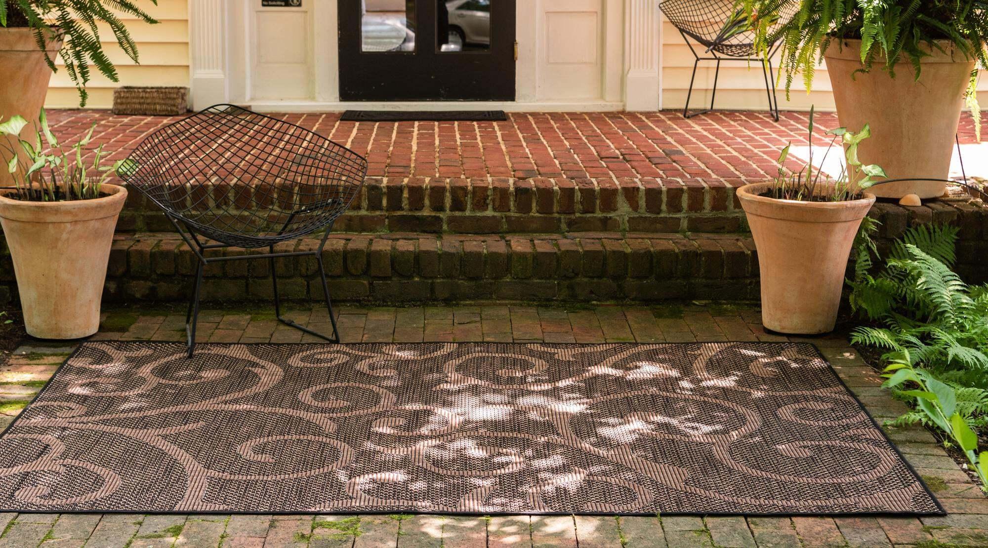 Unique Loom Outdoor Rugs - Outdoor Botanical Damask Rectangular 8x11 Rug Chocolate Brown & Black