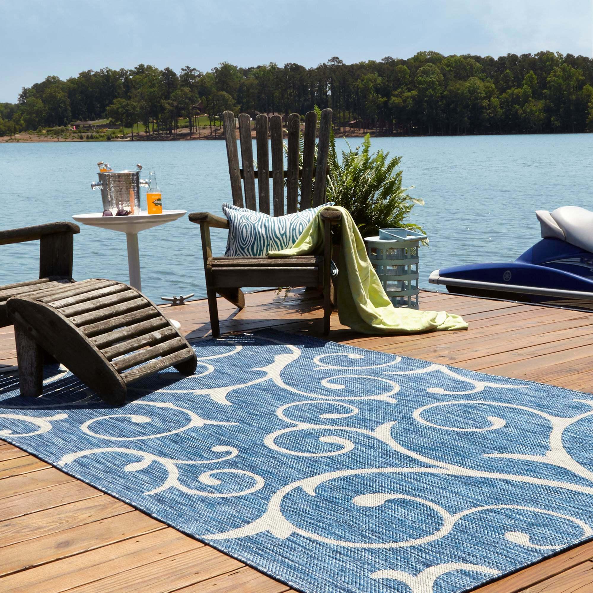 Unique Loom Outdoor Rugs - Outdoor Botanical Damask Rectangular 9x12 Rug Blue & Gray